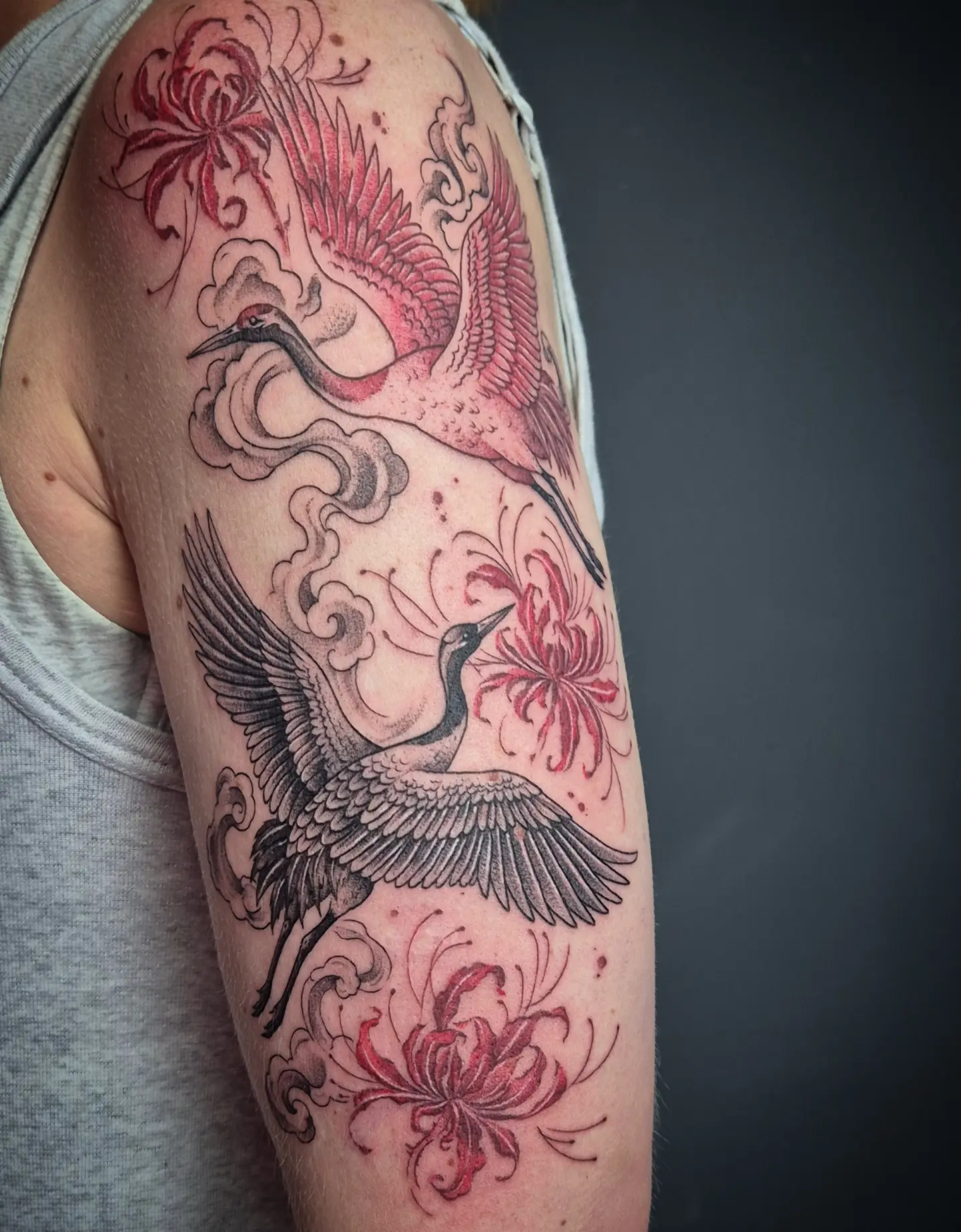 Cranes and chrysanthemums japanese irezumi tattoo on the upper arm by Тату Херсон _ Kherson tattoo, Kherson