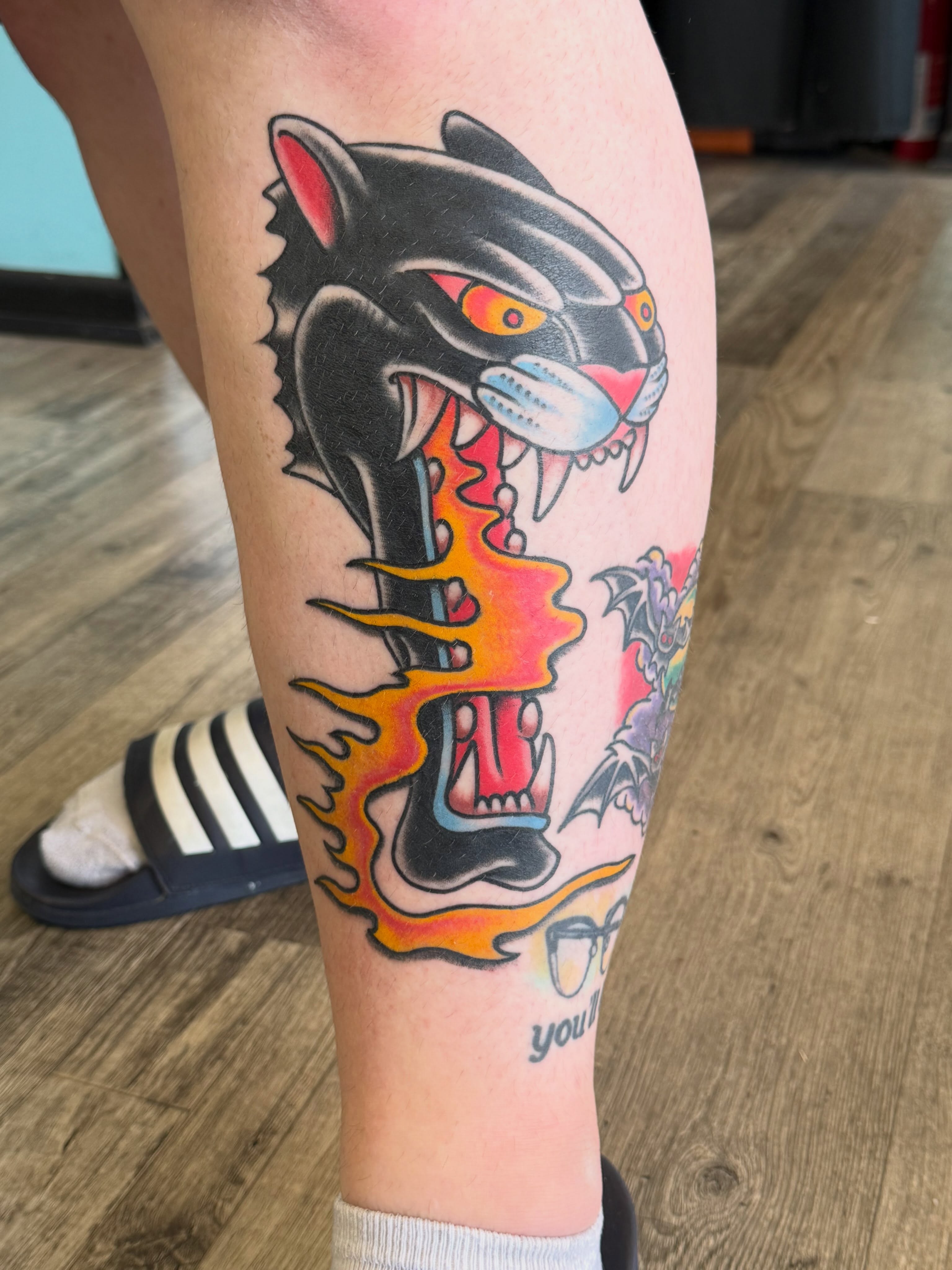 Panther American traditional tattoo on the calf by KevinBetsch