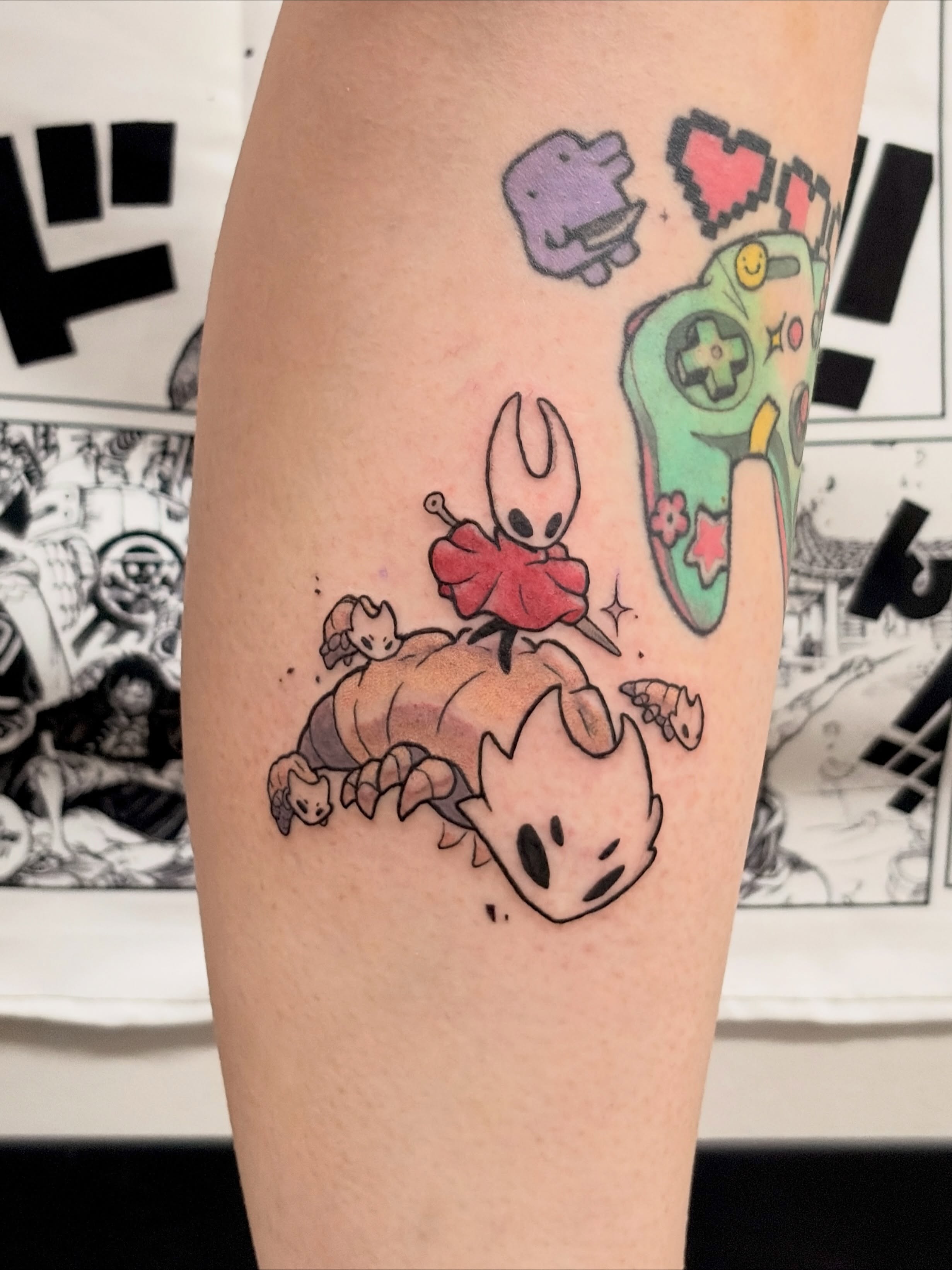 Pixel art characters dotwork tattoo on the thigh by Chris, Cleveland, Ohio