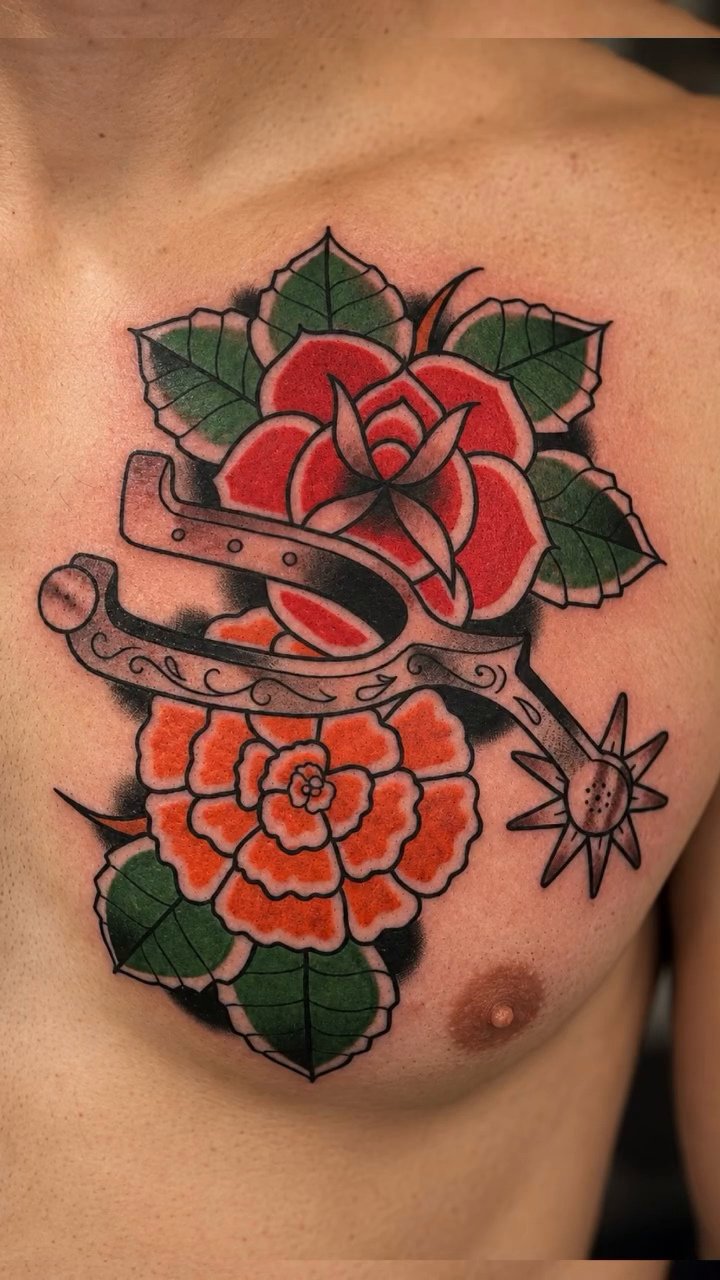 Rose and spur American traditional tattoo by Todd Showdown