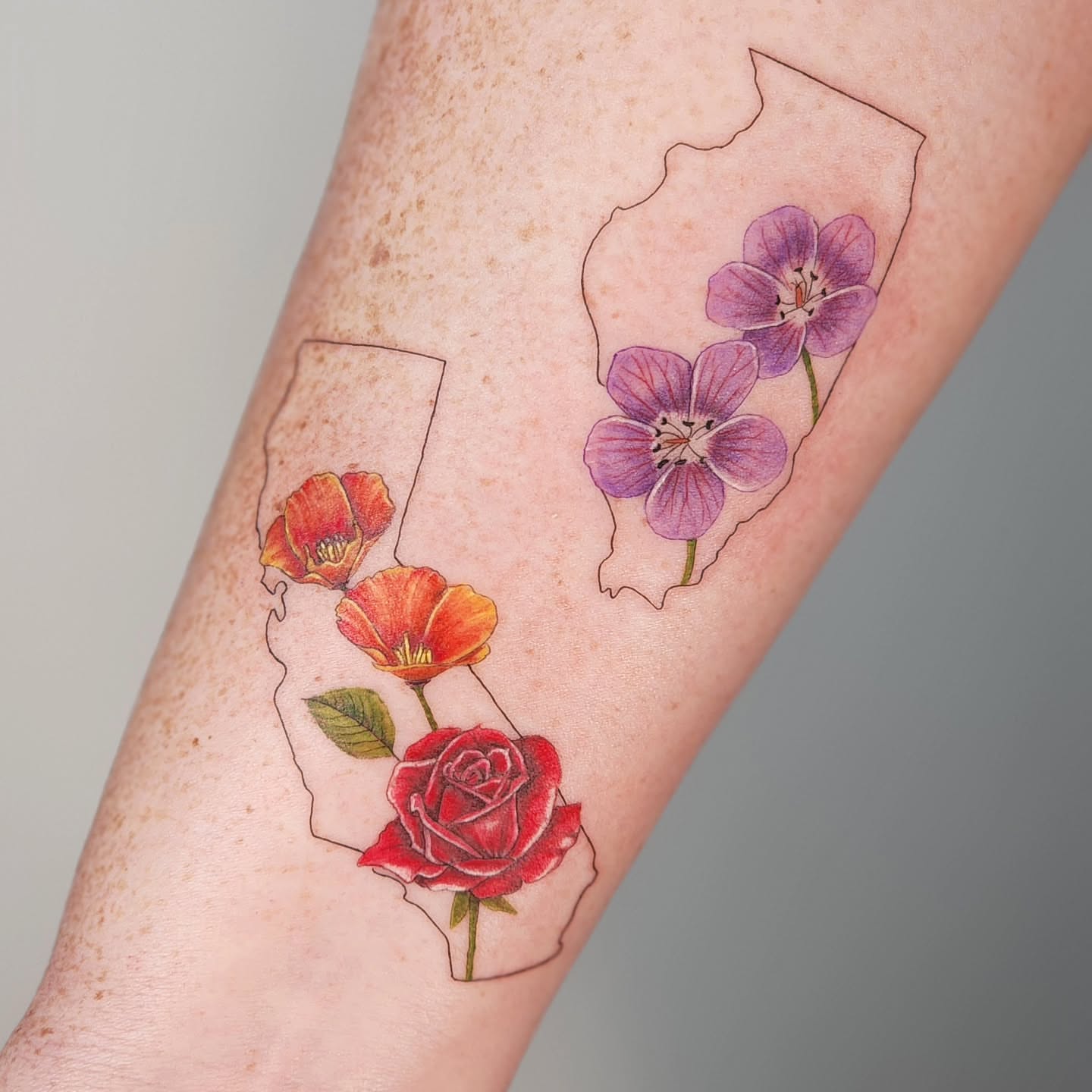 Flowers and state outlines realism tattoo on the forearm by Tattoo artist - Luciana Dsilva, San Francisco, California