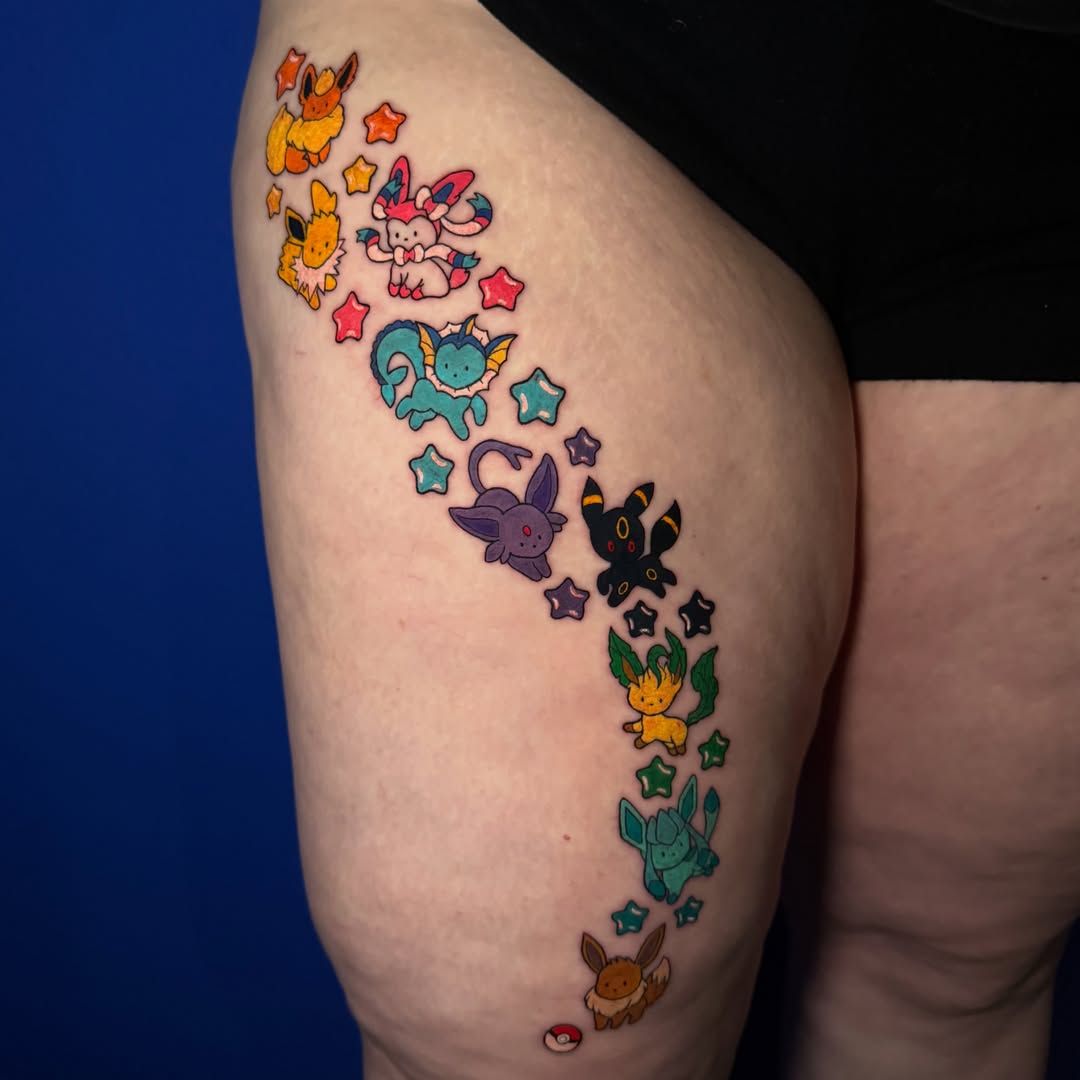 Pokémon characters dotwork tattoo on the thigh by Tess