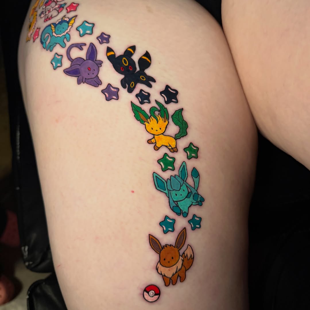 Pokémon evolution line illustrative tattoo on the thigh by Tess