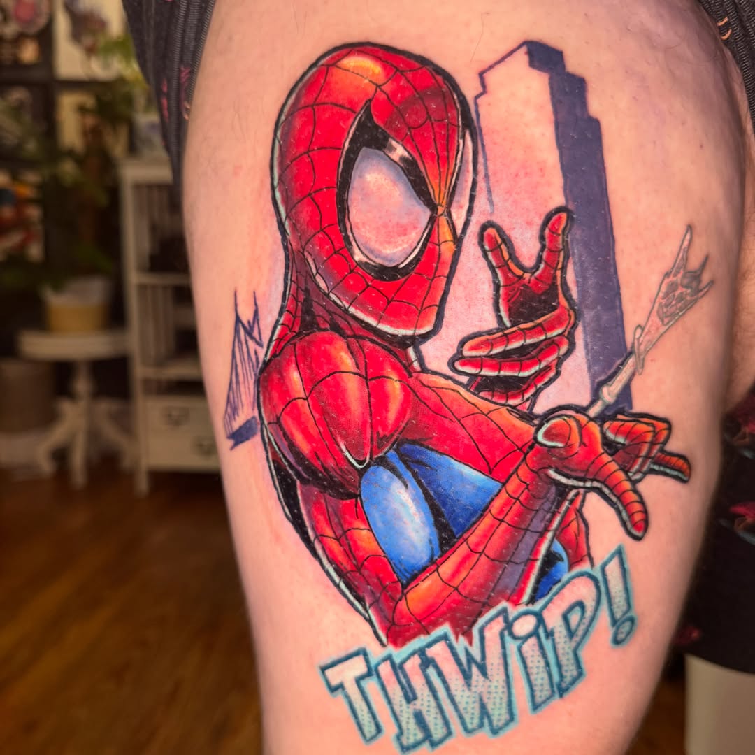 Spider-Man new school tattoo on the thigh by Eric Burns - NoVA Tattoo Artist