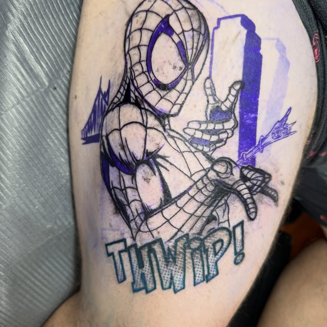 Spider-man dotwork tattoo on the forearm by Eric Burns - NoVA Tattoo Artist