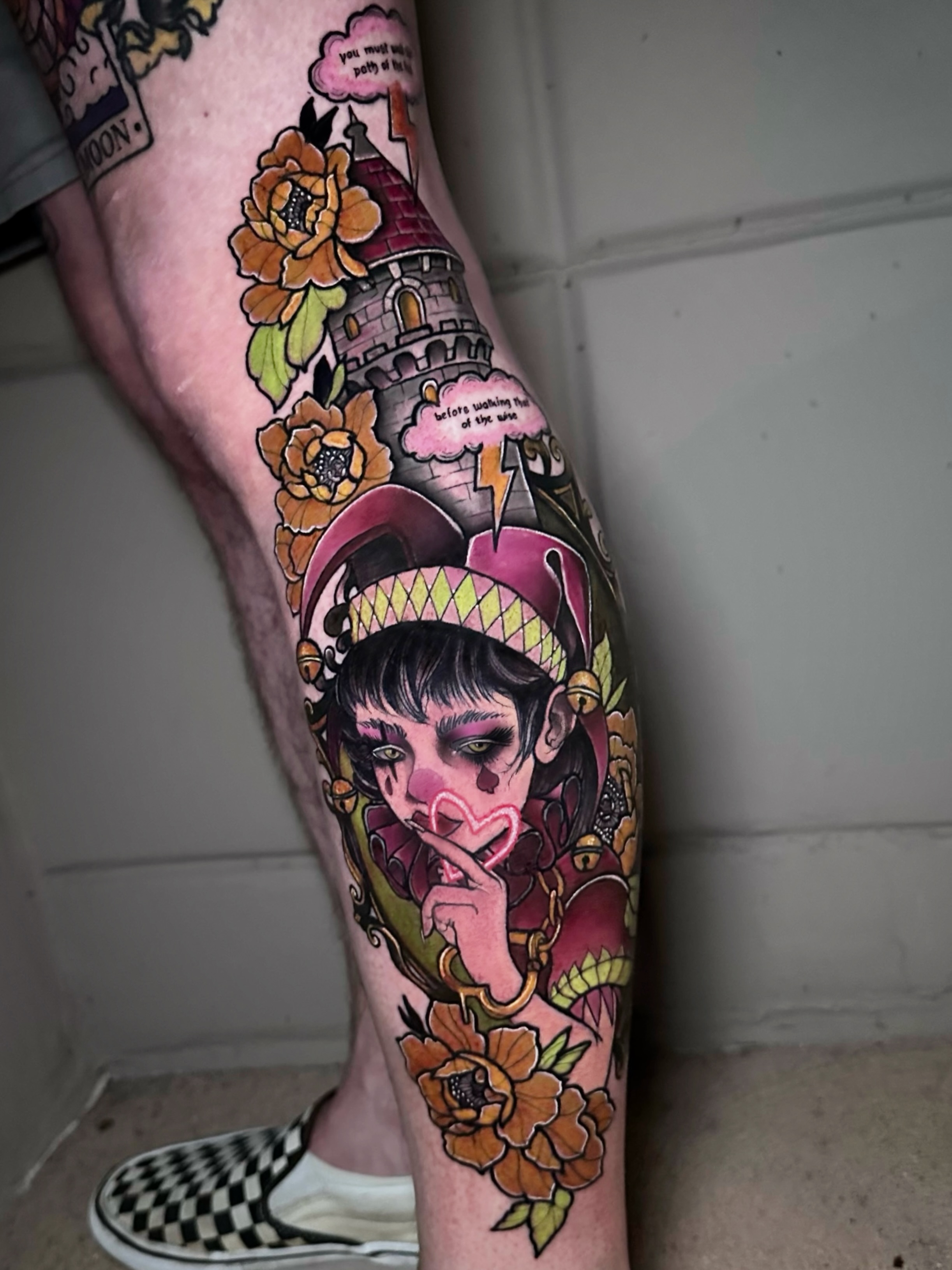 Woman with heart American traditional tattoo on the leg by Naysla Droguett