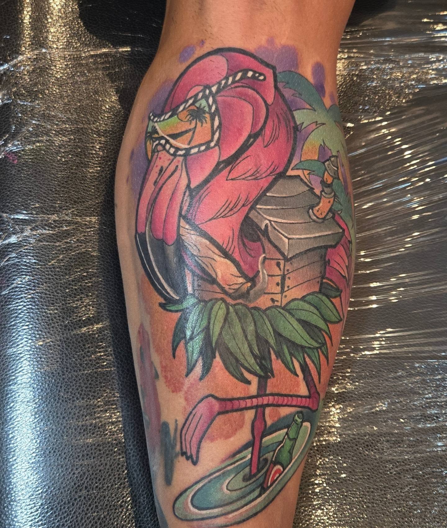 Flamingo new school tattoo on the calf by Brian Savage, Gilbert, Arizona