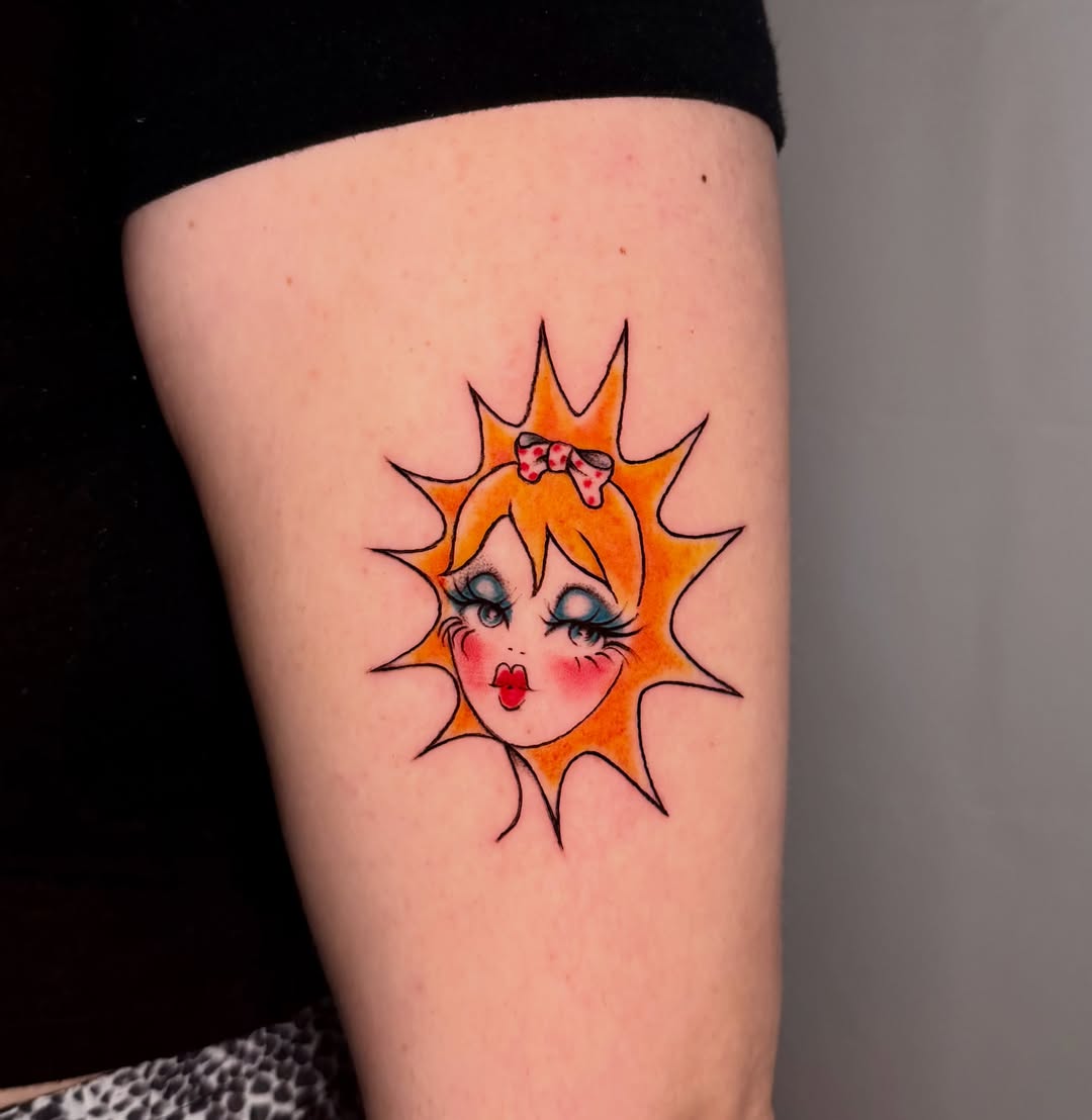 Sun with girl face new school tattoo on the thigh by tattooz by megz