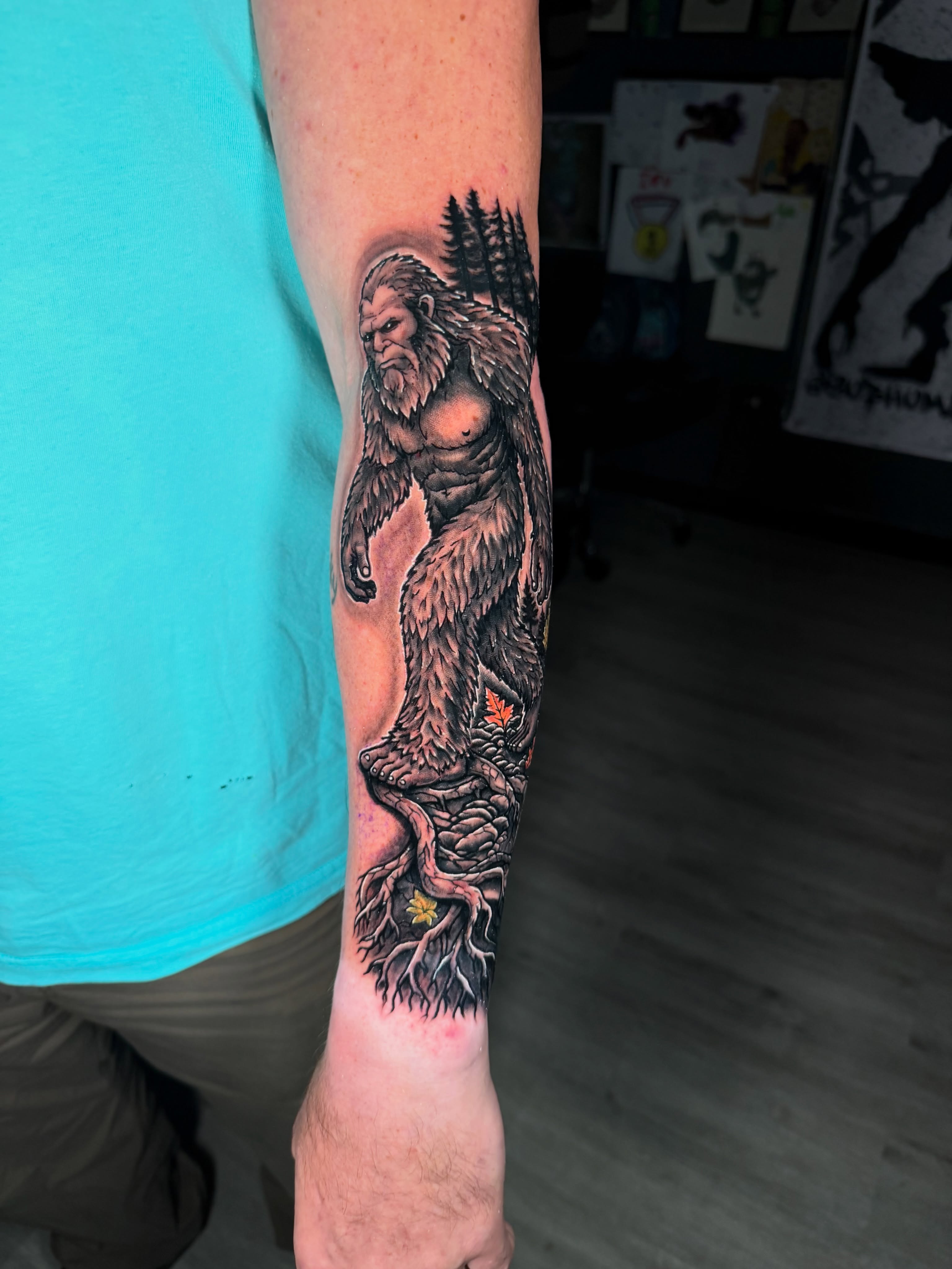 Bigfoot realism tattoo on the forearm by Beau Zeis
