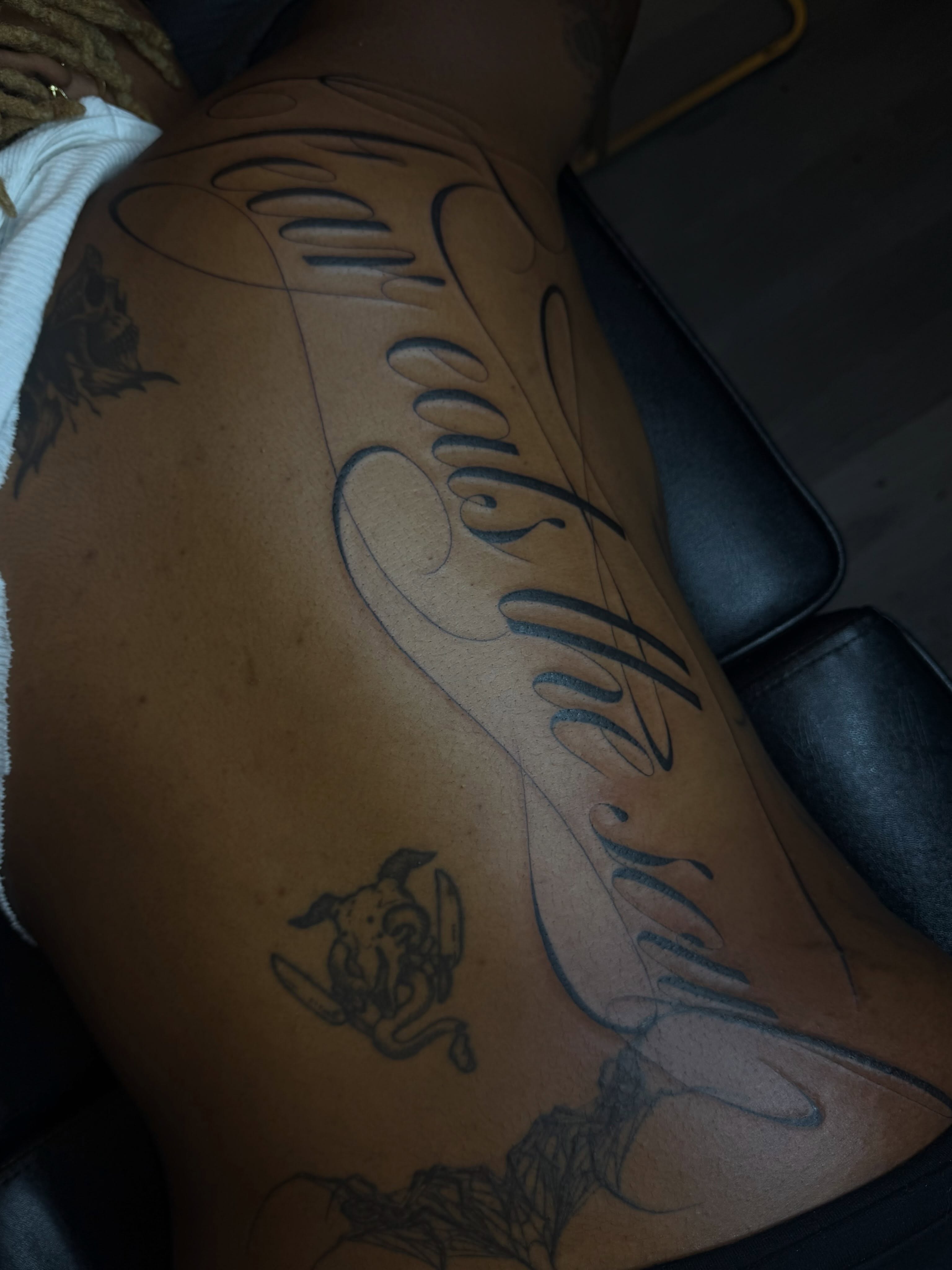Calligraphy lettering script tattoo on the thigh by ༺☆༻