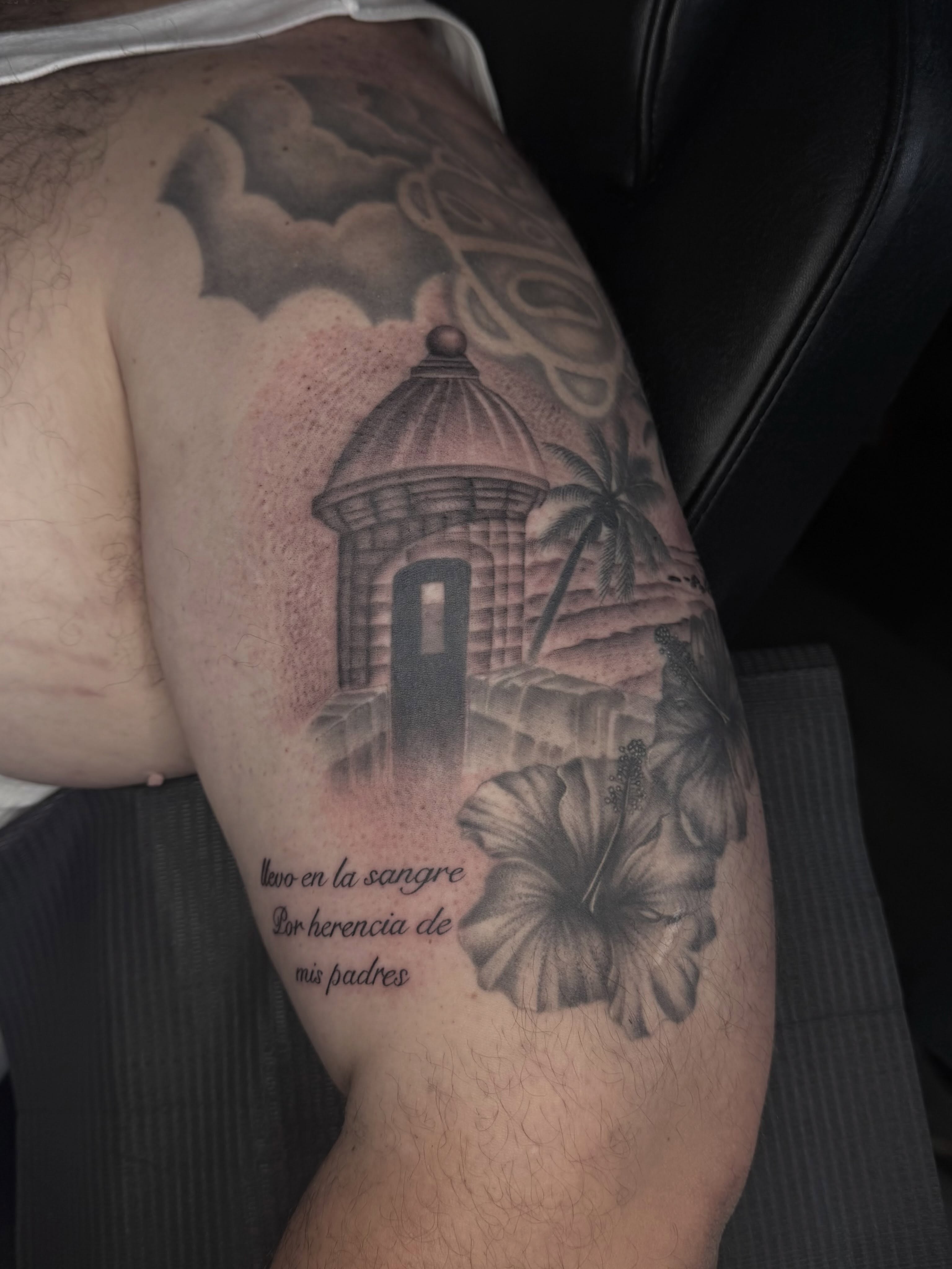 Fort and hibiscus flower realism tattoo on the forearm by ༺☆༻