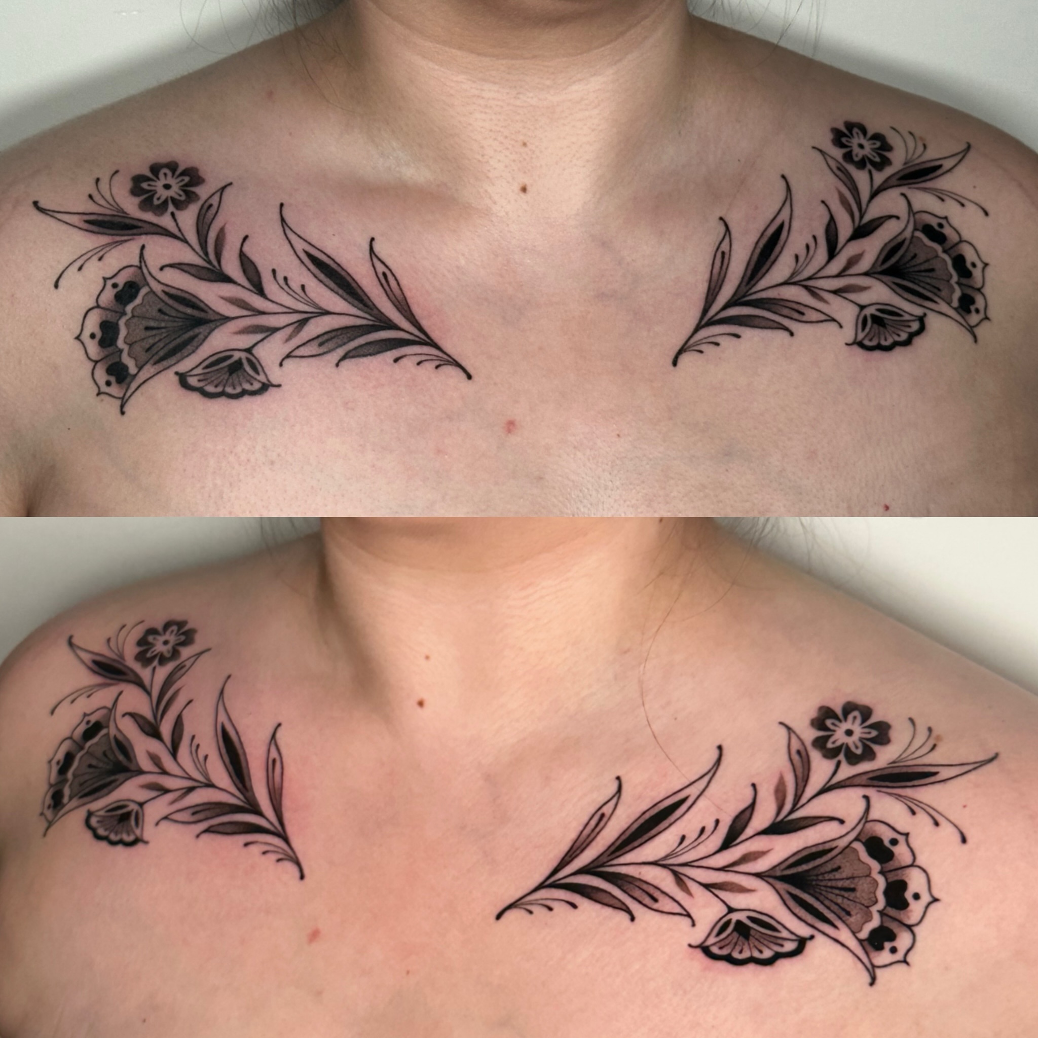 Floral arrangement black and grey tattoo on the chest by kira