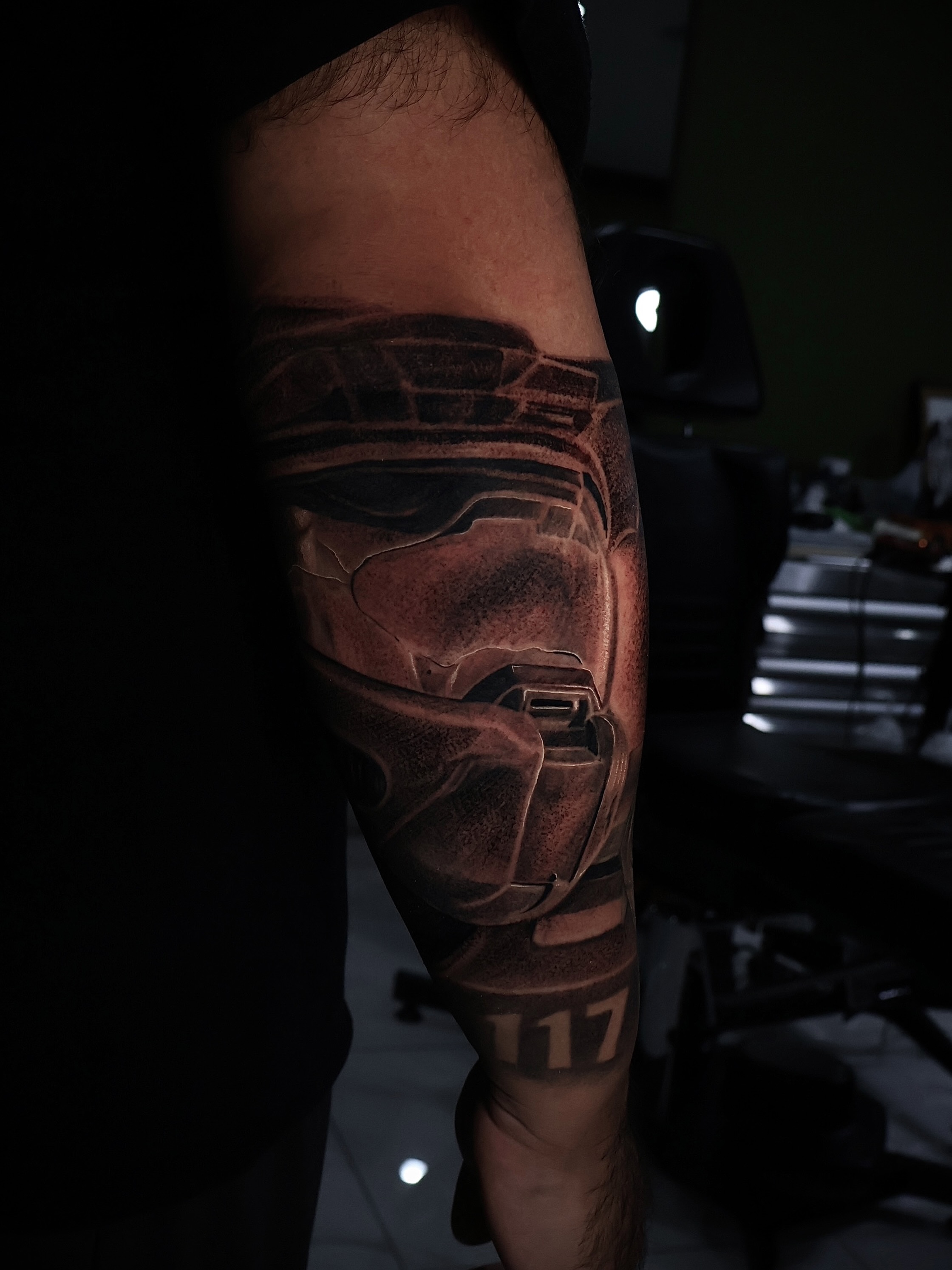 Stormtrooper helmet realism tattoo on the forearm by Joey Moreno