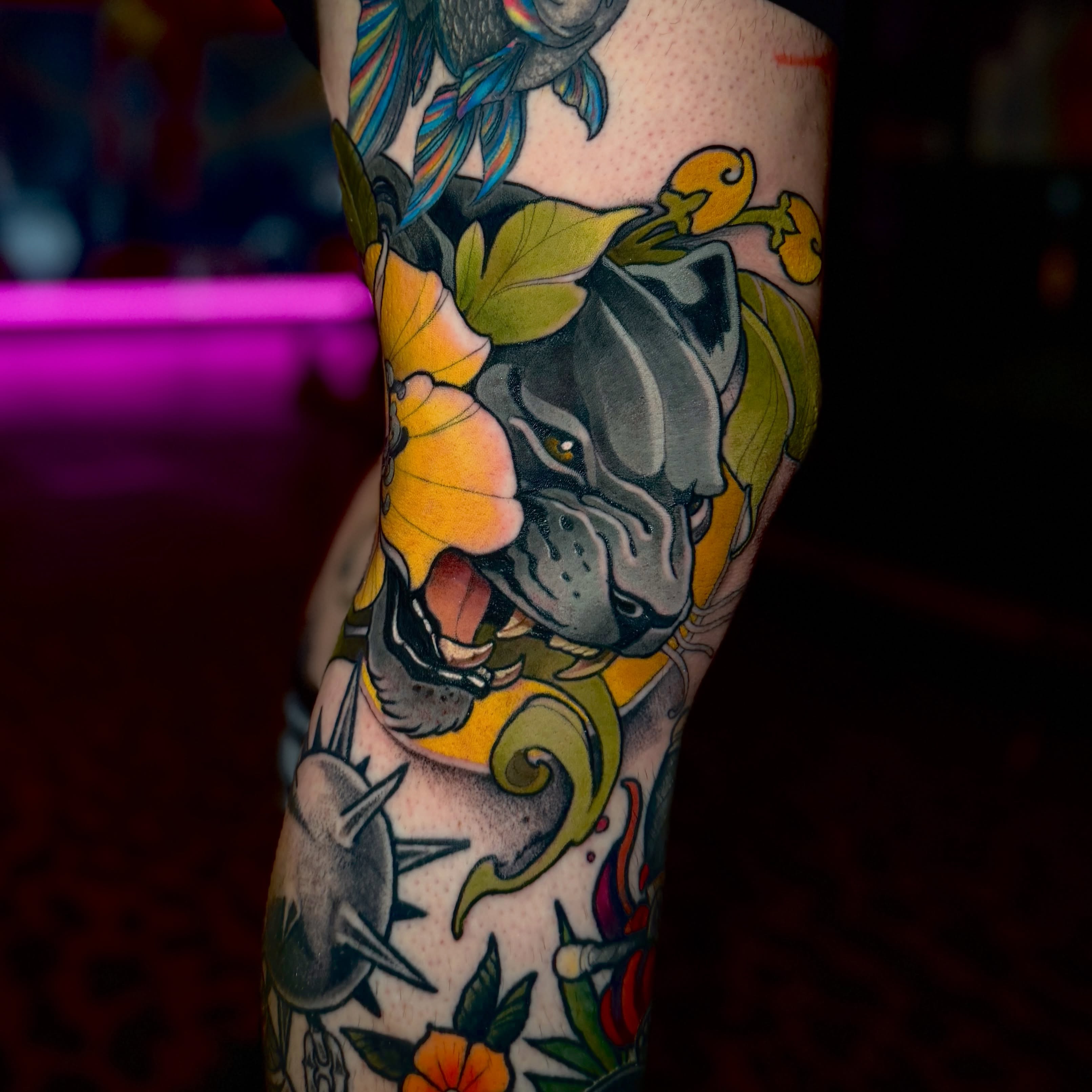 Bull and floral American traditional tattoo on the forearm by Matt - Neotrad Tattoos, New York, New York
