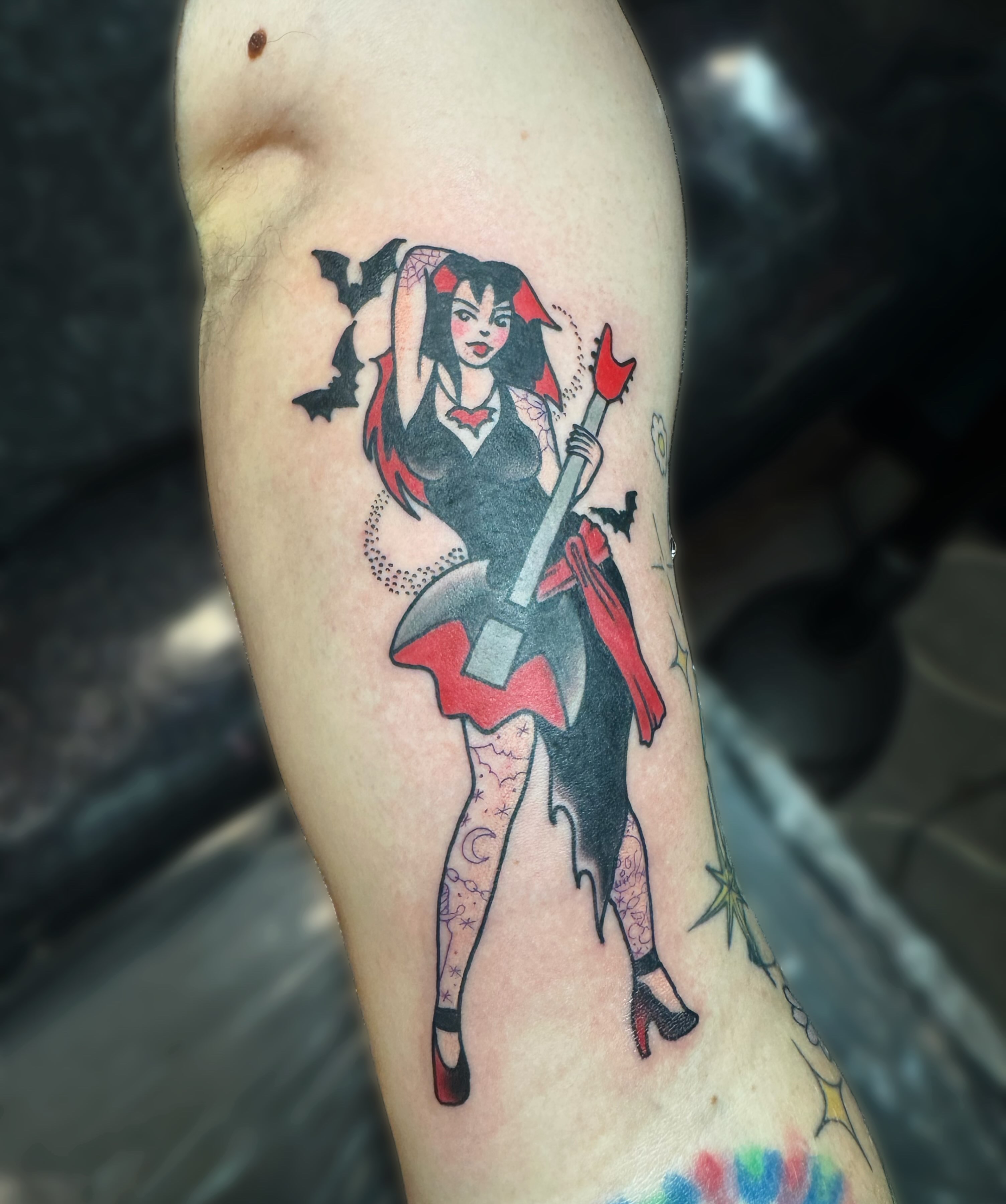 Vampire girl American traditional tattoo on the forearm by Kelsey 🖤 Tattoo Artist, Waterford Township
