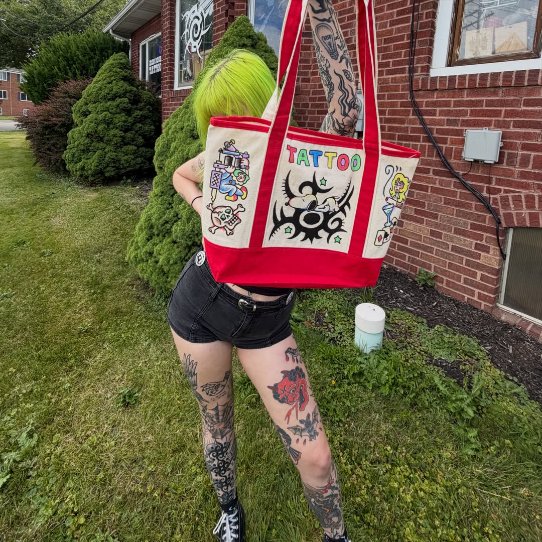 Tattooed bag American traditional tattoo on the leg by abbey pickens 🧚 cleveland ohio