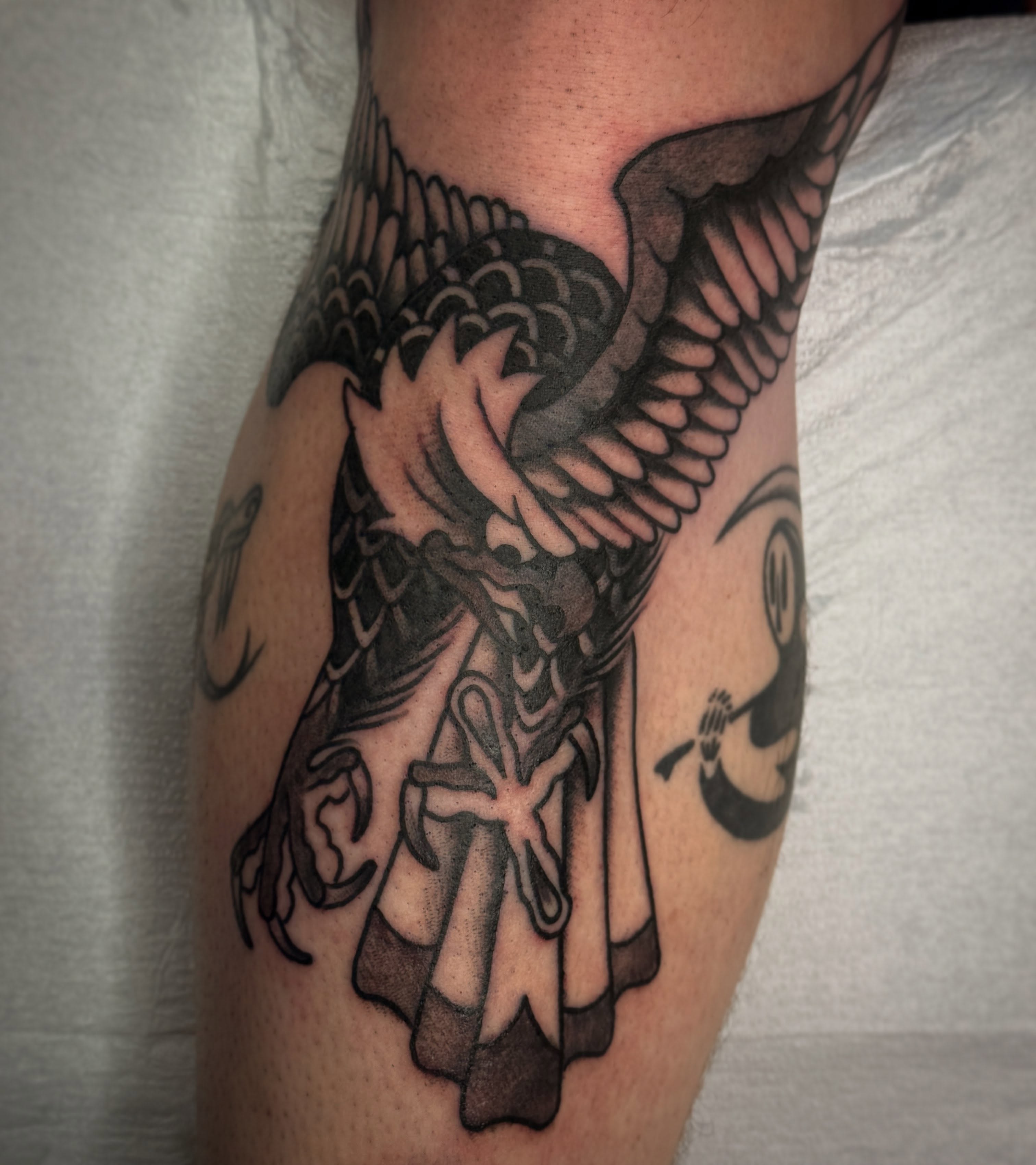 Angel with cross American traditional tattoo on the forearm by 🕸curtis Fink🕸