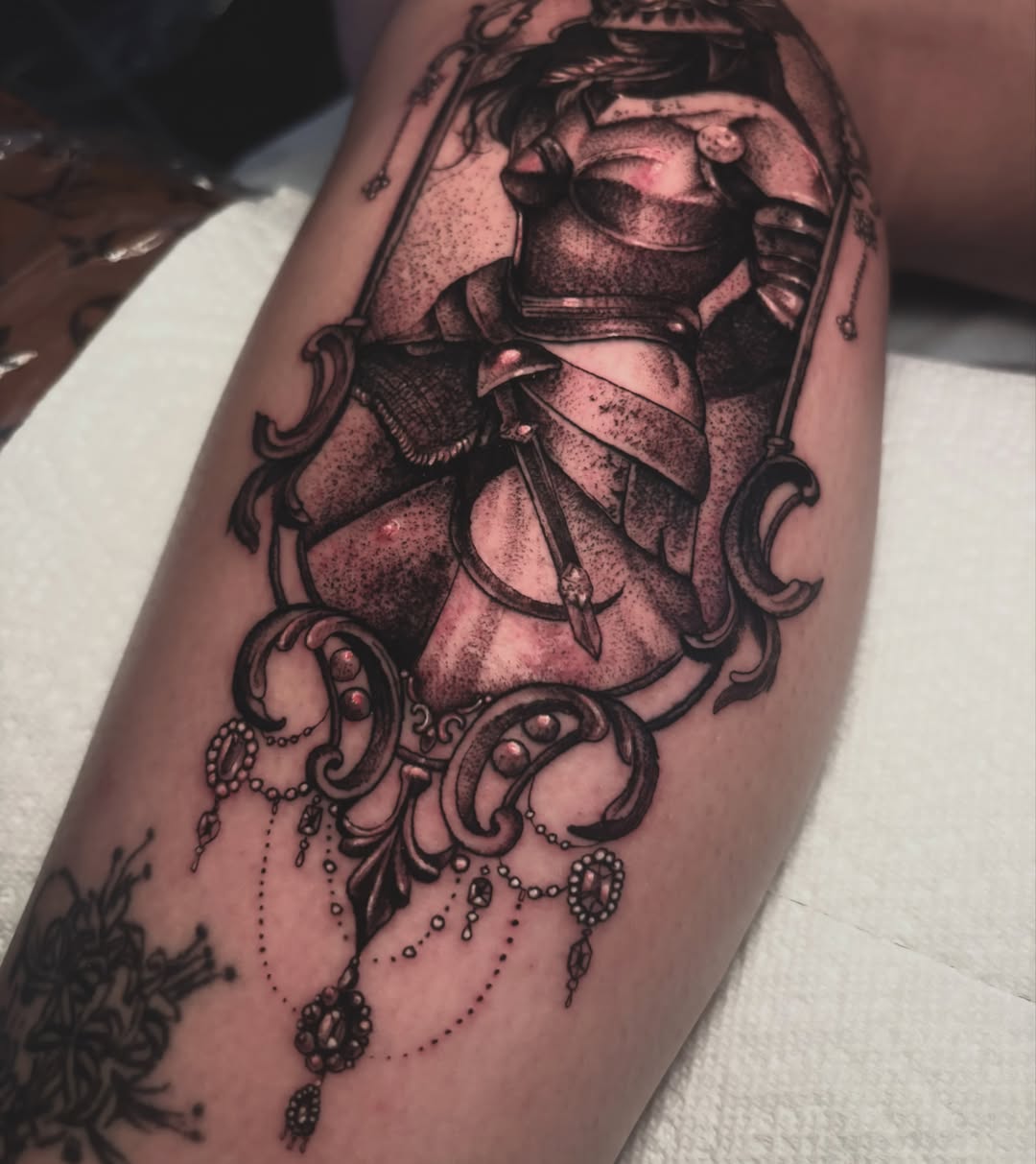 Female warrior dotwork tattoo on the forearm by Alle