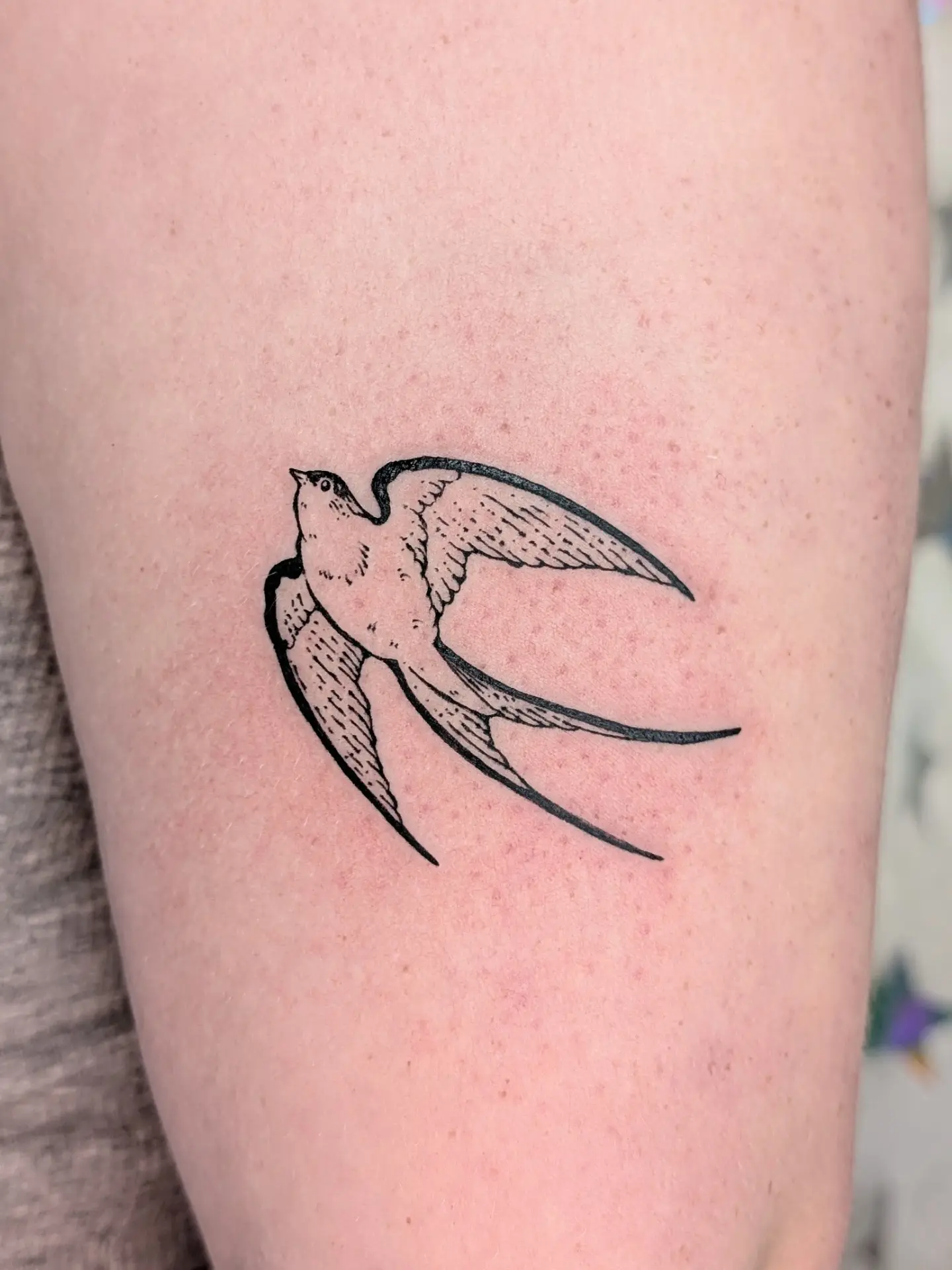 Swallow black and grey tattoo on the thigh by mila