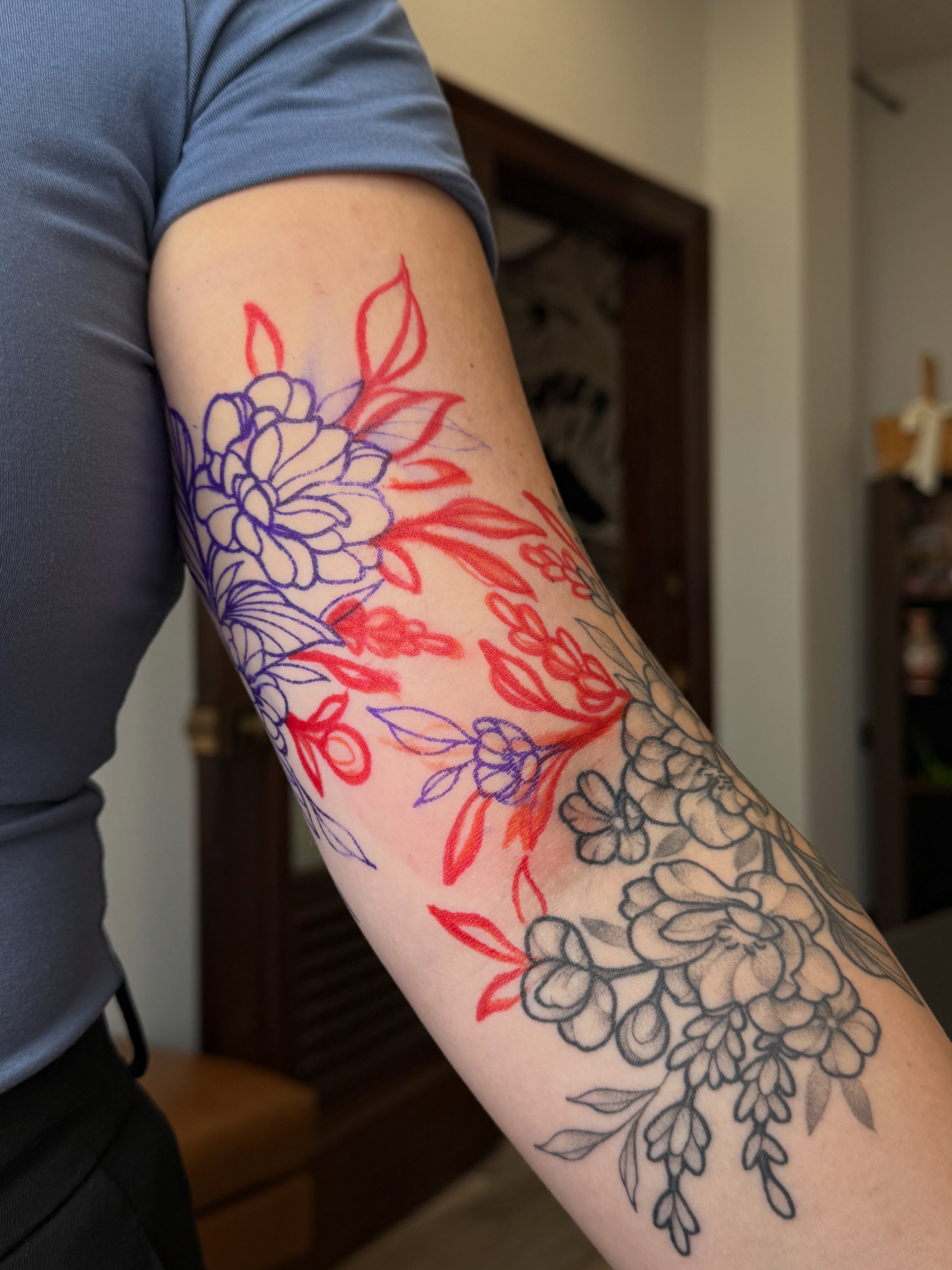 Floral arrangement new school tattoo on the forearm by Emma Friesen - Lancaster & York Tattoo Artist, Lancaster, Pennsylvania