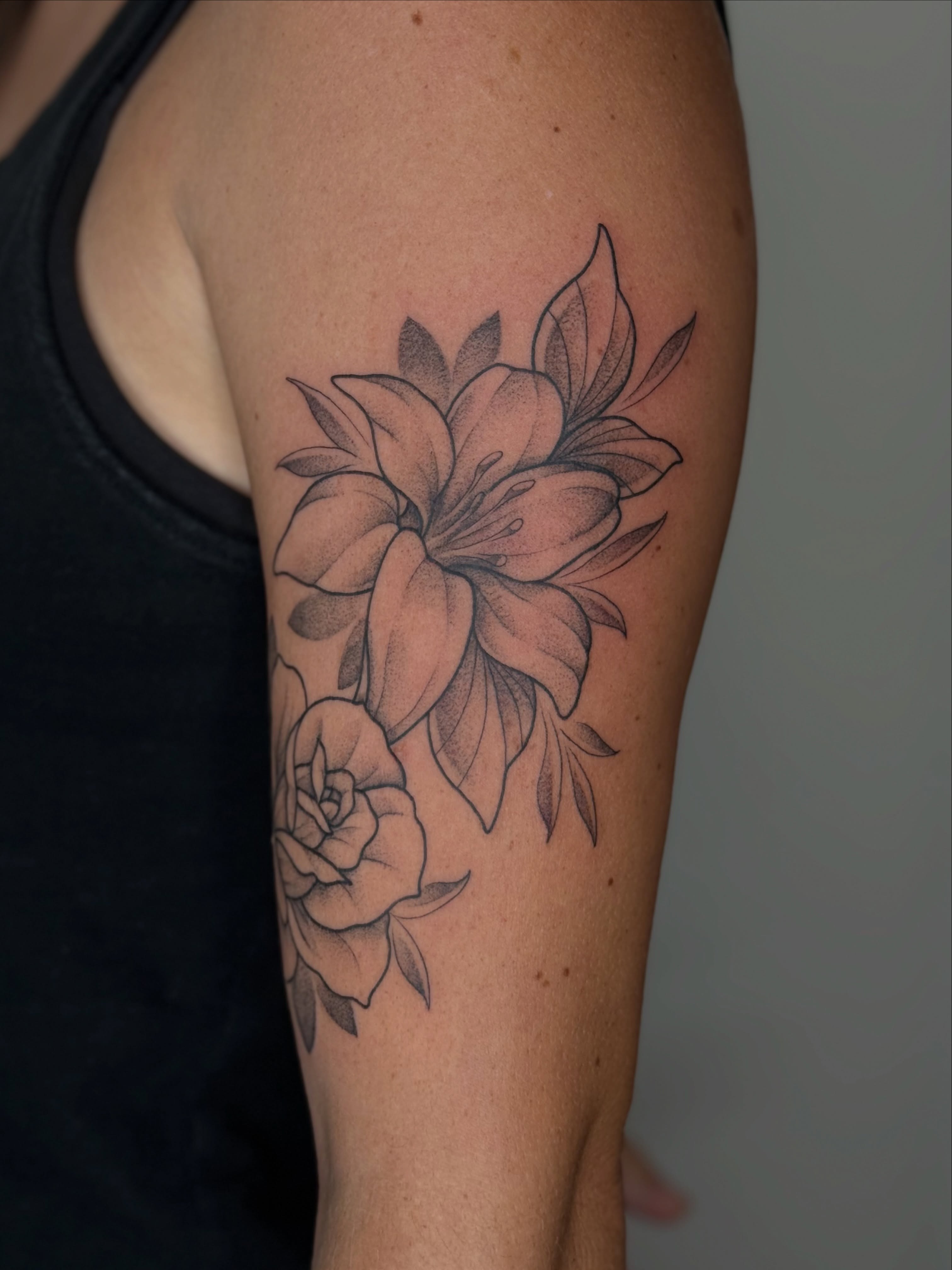 Flowers dotwork tattoo on the forearm by Emma Friesen - Lancaster & York Tattoo Artist, Lancaster, Pennsylvania