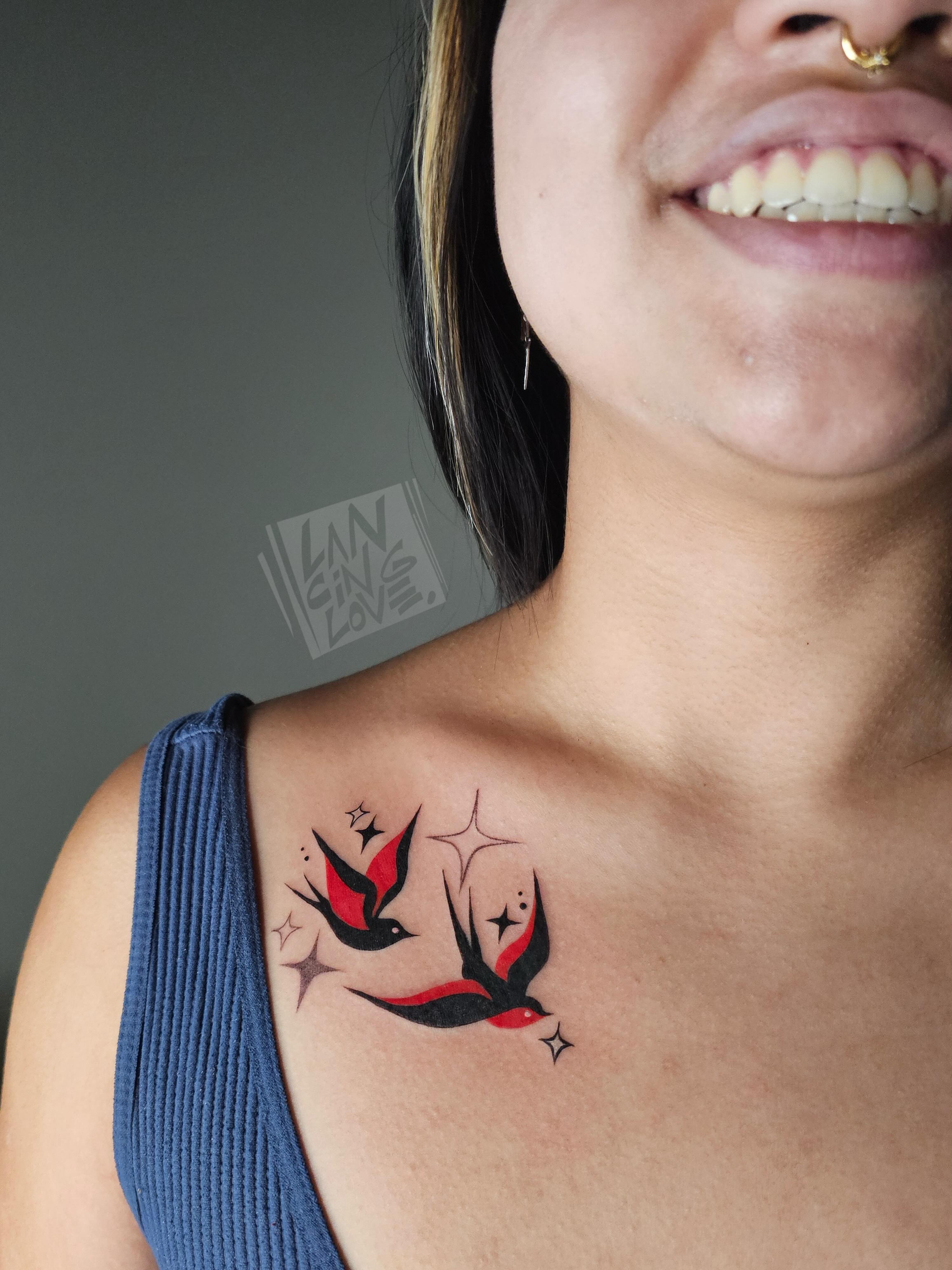 Swallows and stars neo-traditional tattoo on the shoulder by Lancinglove