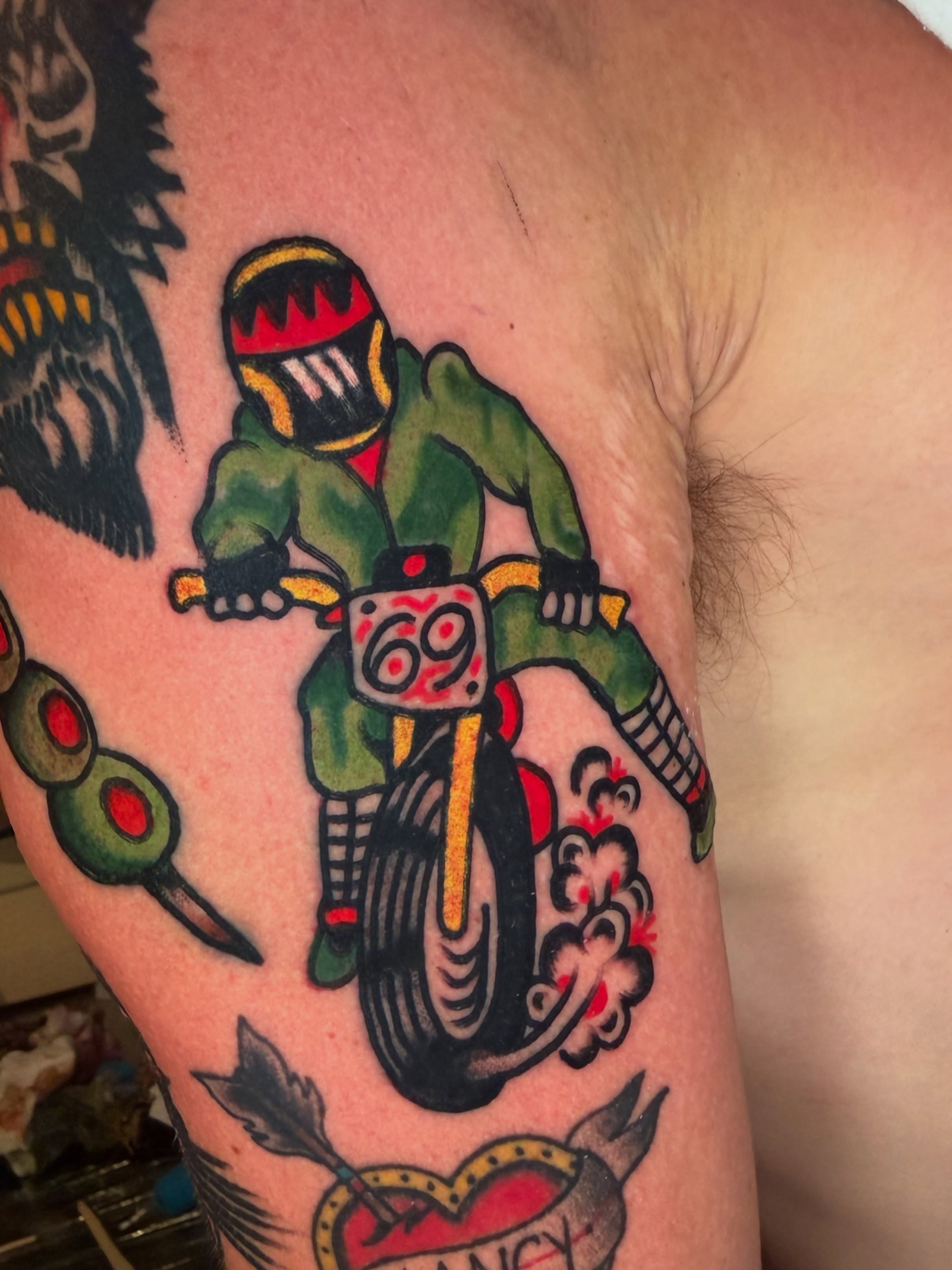 Motorcycle rider American traditional tattoo on the thigh by 💥Jeff Klug💥, Austin, Texas