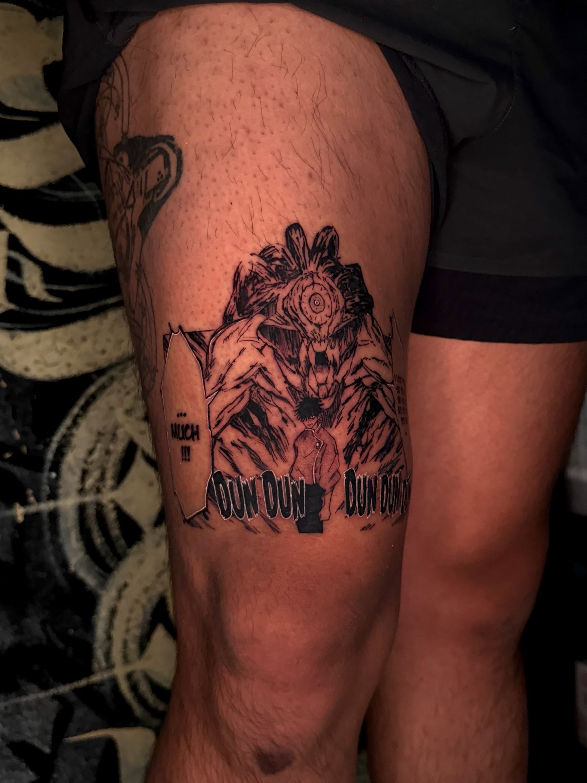 Demon black and grey tattoo on the thigh by Gillian Norland, Las Vegas, Nevada