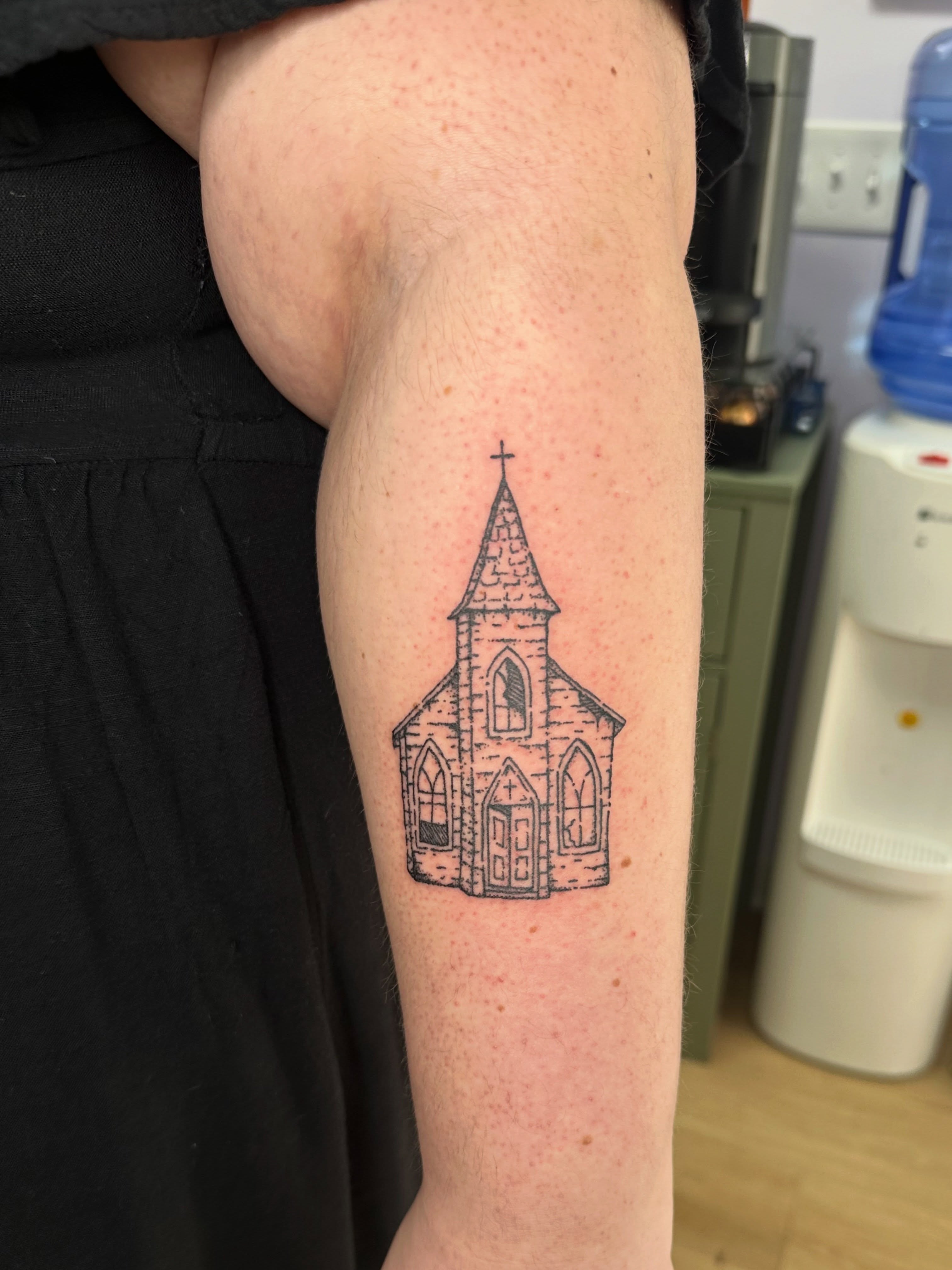 Church black and grey tattoo on the forearm by Fleur ๐ฅ