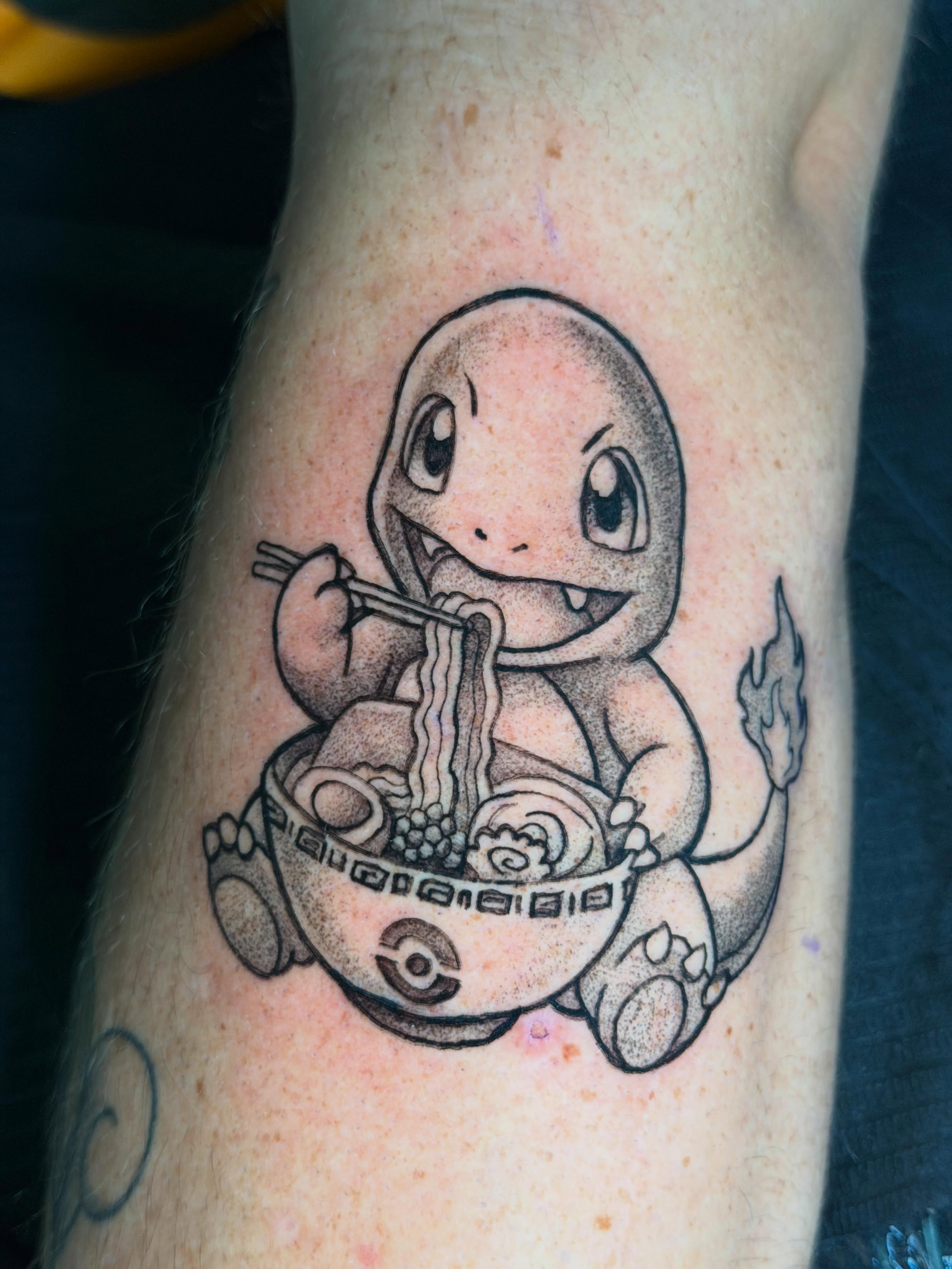 Squirtle eating noodles dotwork tattoo on the forearm by C.J.K. Roy