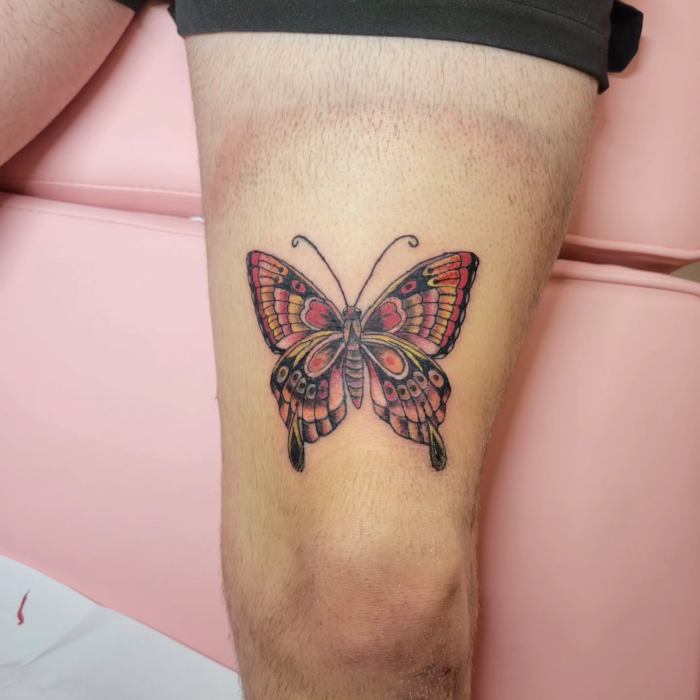 Butterfly dotwork tattoo on the thigh by Peach & Poke, Lethbridge, Alberta