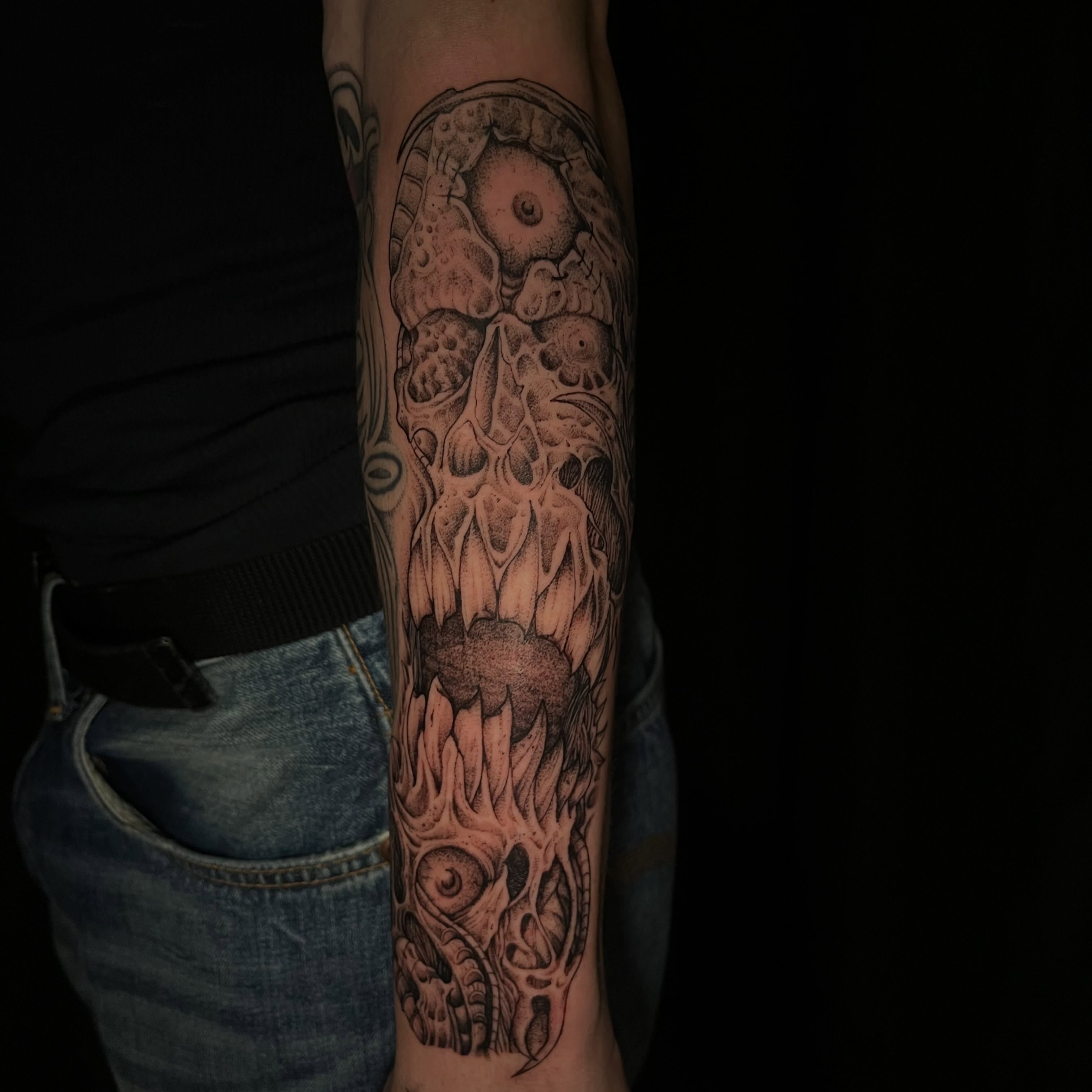 Mechanical skull dotwork tattoo on the forearm by Crawlspacecadet
