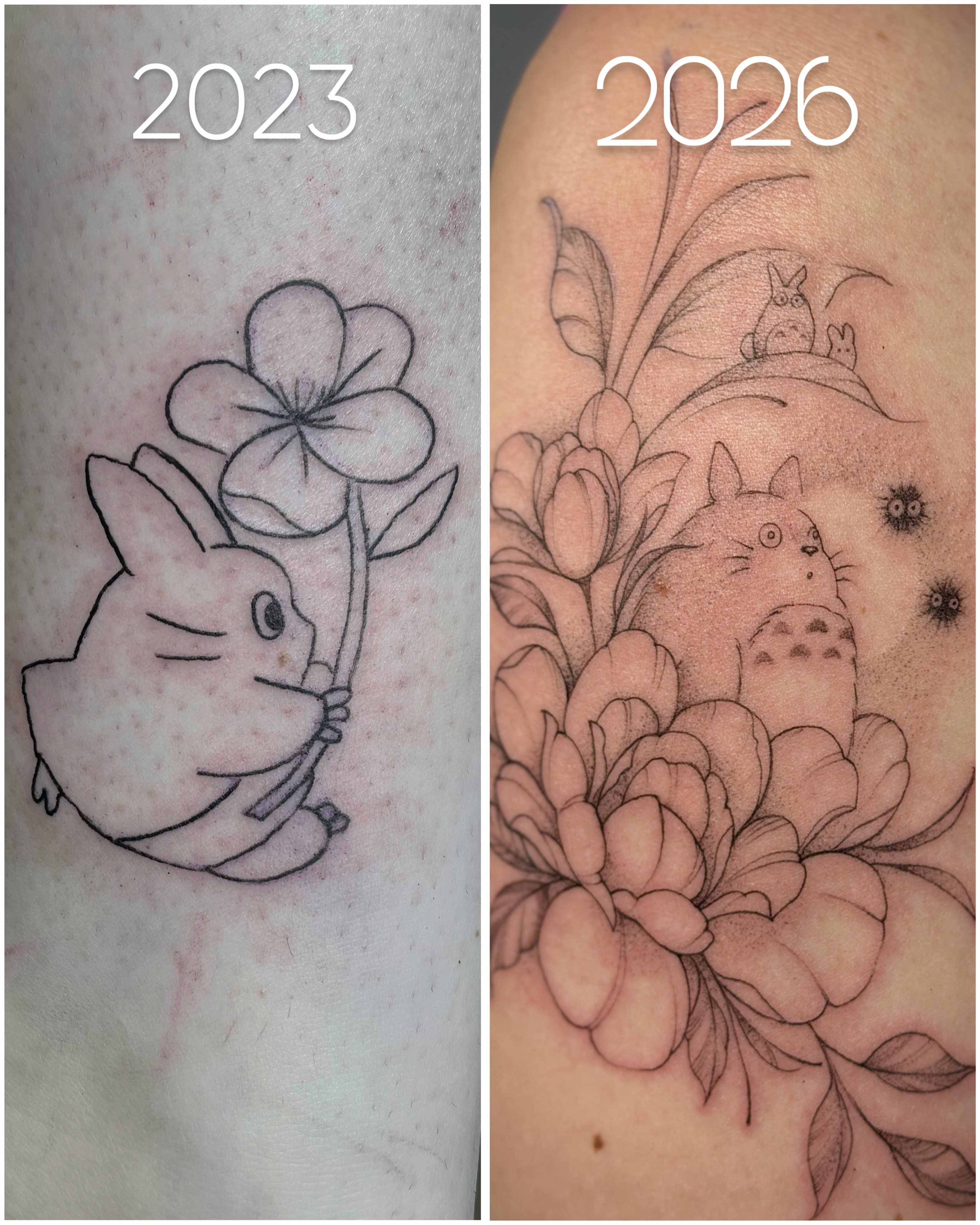 Totoro and flowers black and grey tattoo on the shoulder by 𝐀𝐝𝐫𝐢𝐞𝐥 𝐓𝐢𝐧𝐤𝐥𝐞𝐧𝐛𝐞𝐫𝐠 ⏾, Denison, Iowa