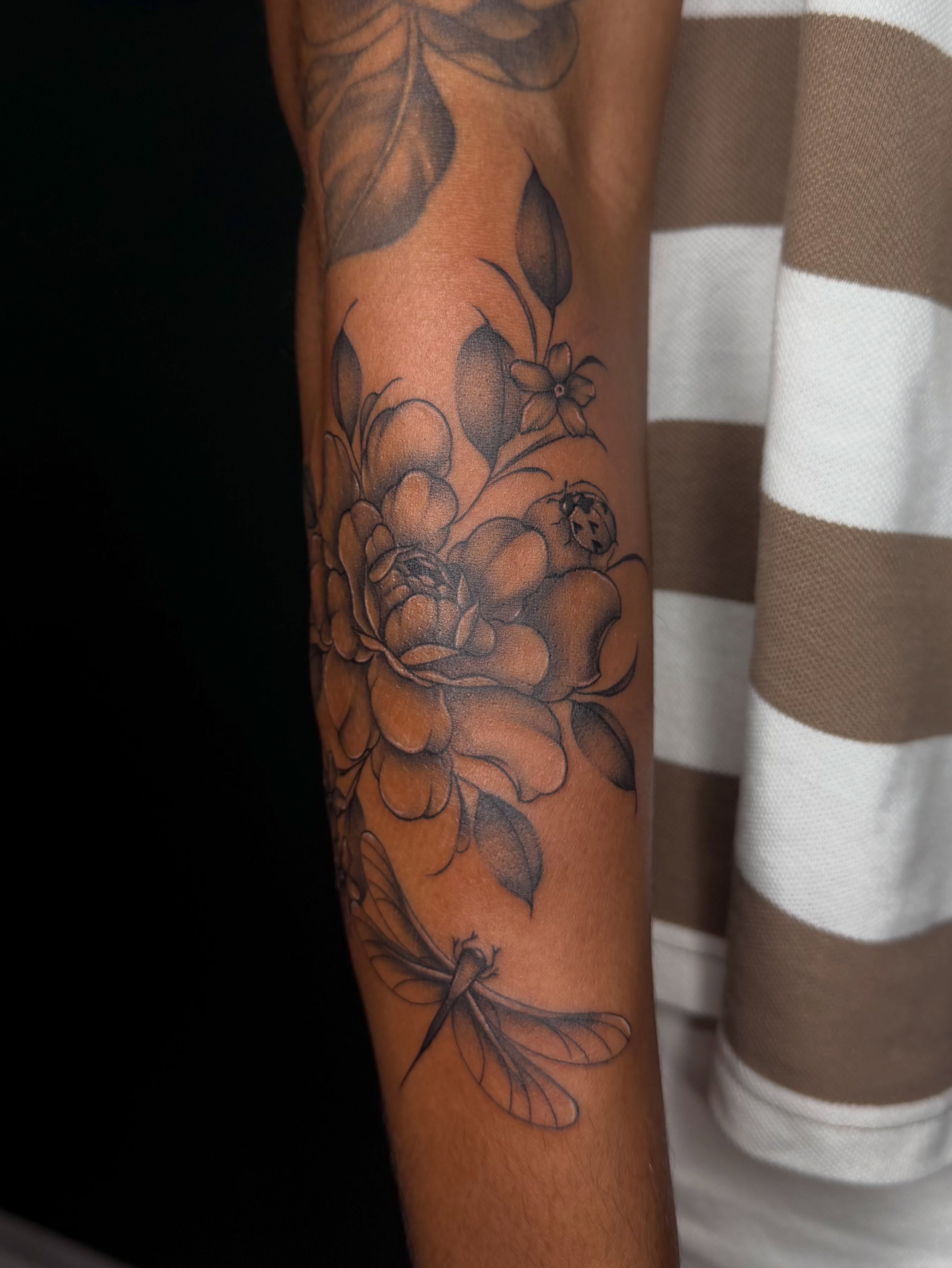 Peony and dragonfly realism tattoo on the forearm by ༺☆༻