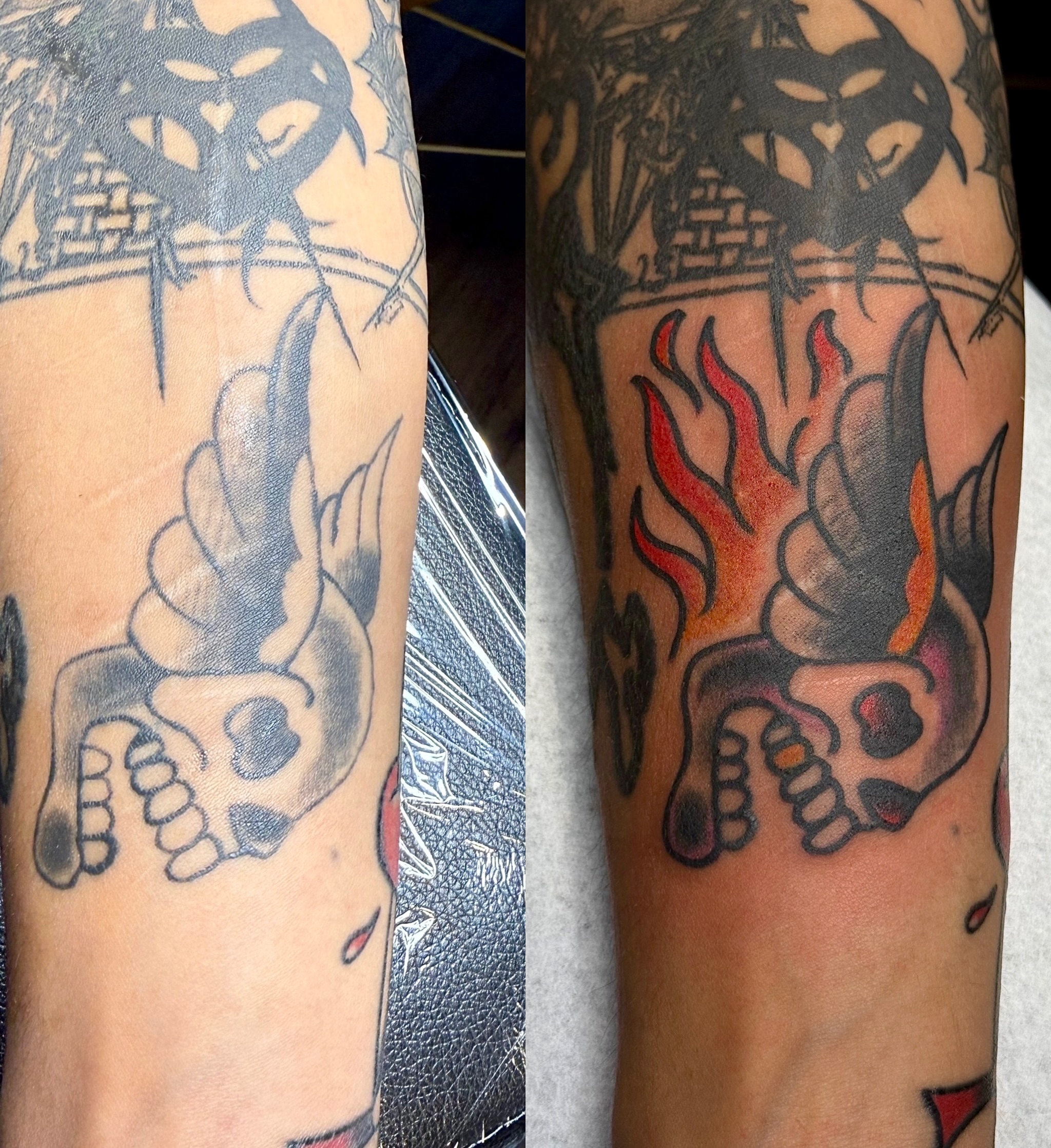 Flaming skull American traditional tattoo on the forearm by Clayton - TRADITIONAL TATTOOS