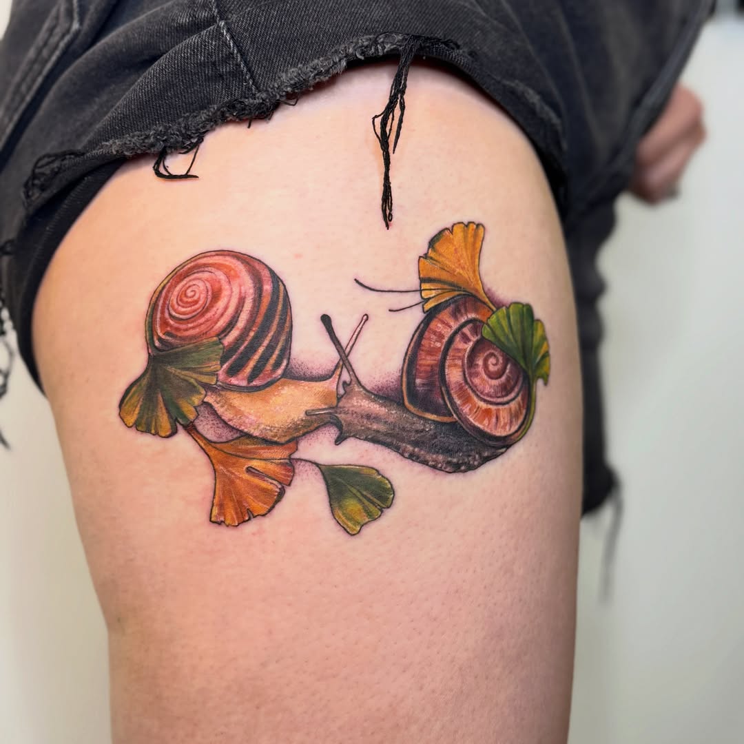 Snails realism tattoo on the thigh by Andy Rowe- Tattoo Artist🦇