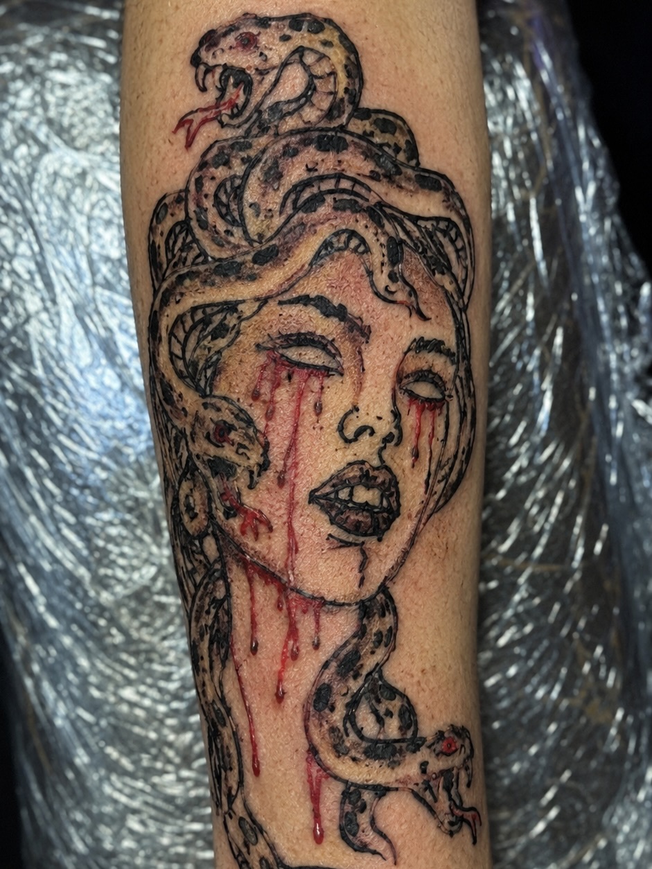 Medusa dark realism tattoo on the forearm by Emac, Baltimore, Maryland
