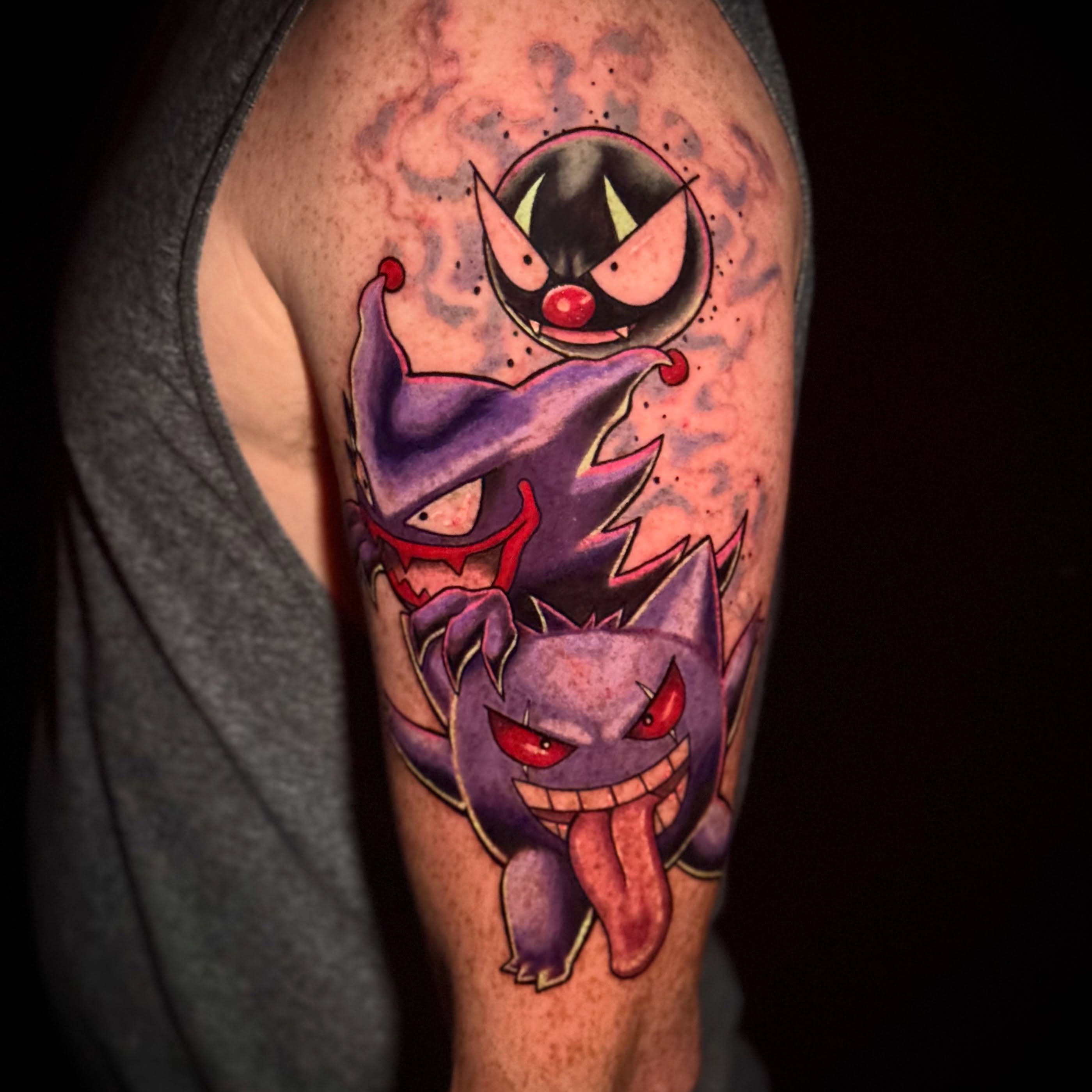 Gengar dotwork tattoo on the forearm by Cheyenne Ciera Goulish, Warren, Ohio