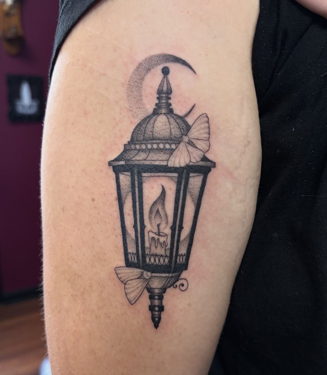 Street lamp with candle black and grey tattoo on the forearm by Kelli Donegan ๐ท