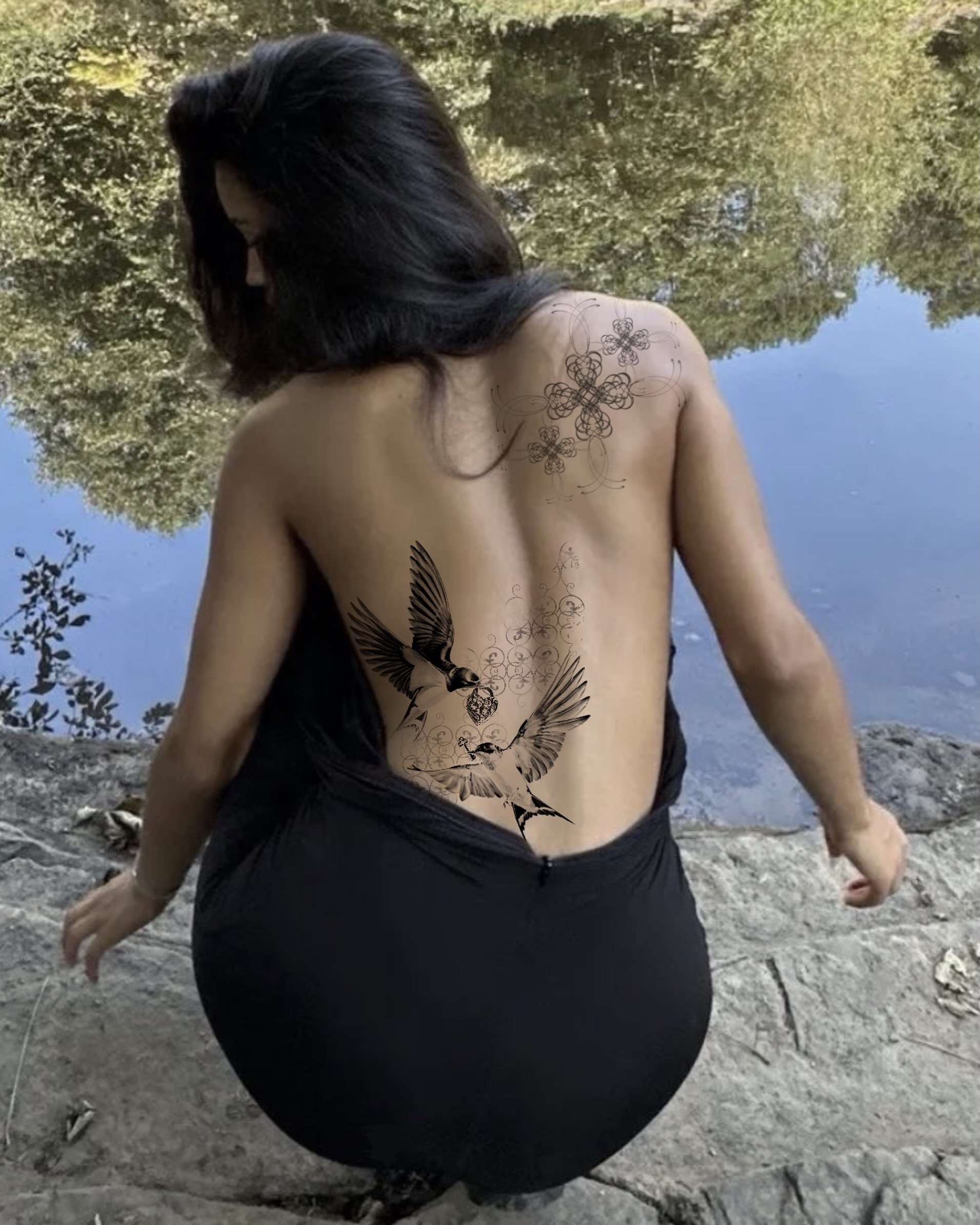 Birds and flowers black and grey tattoo on the back by Ava De La Torre
