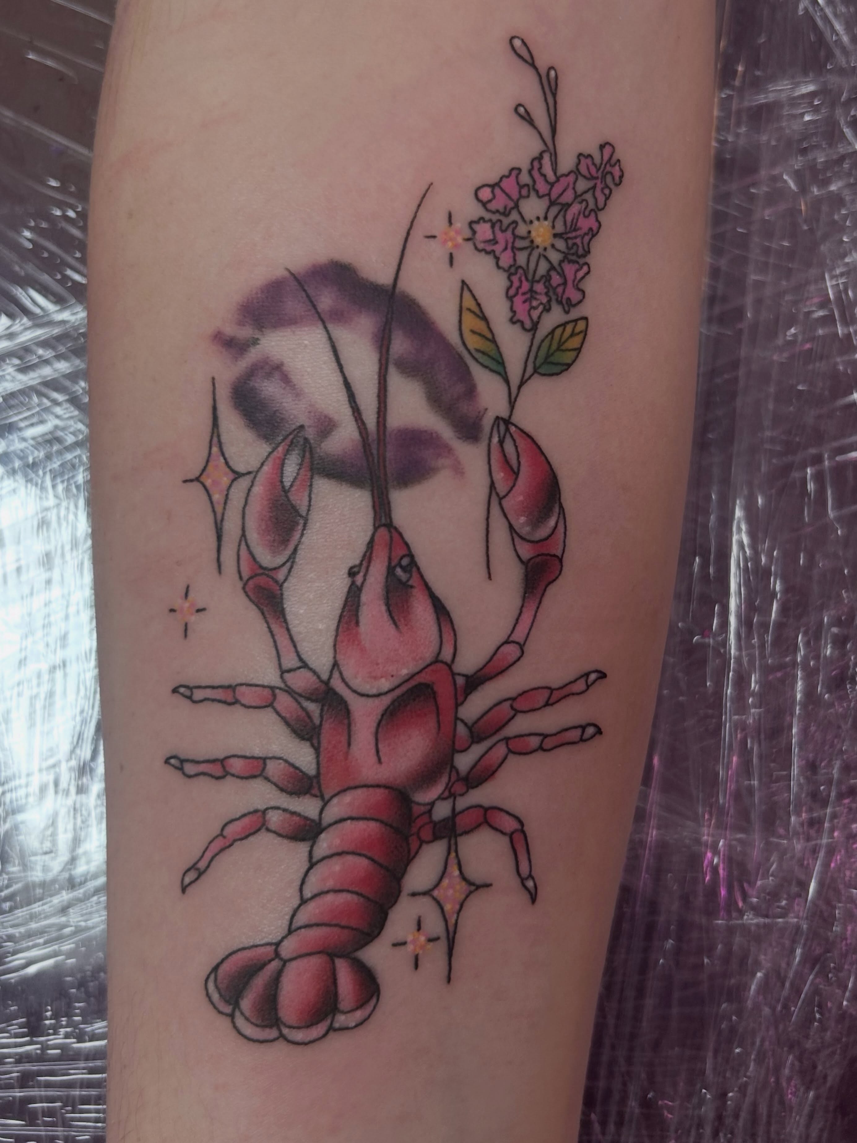 Lobster and flowers American traditional tattoo on the forearm by Red✨, Gansevoort, New York