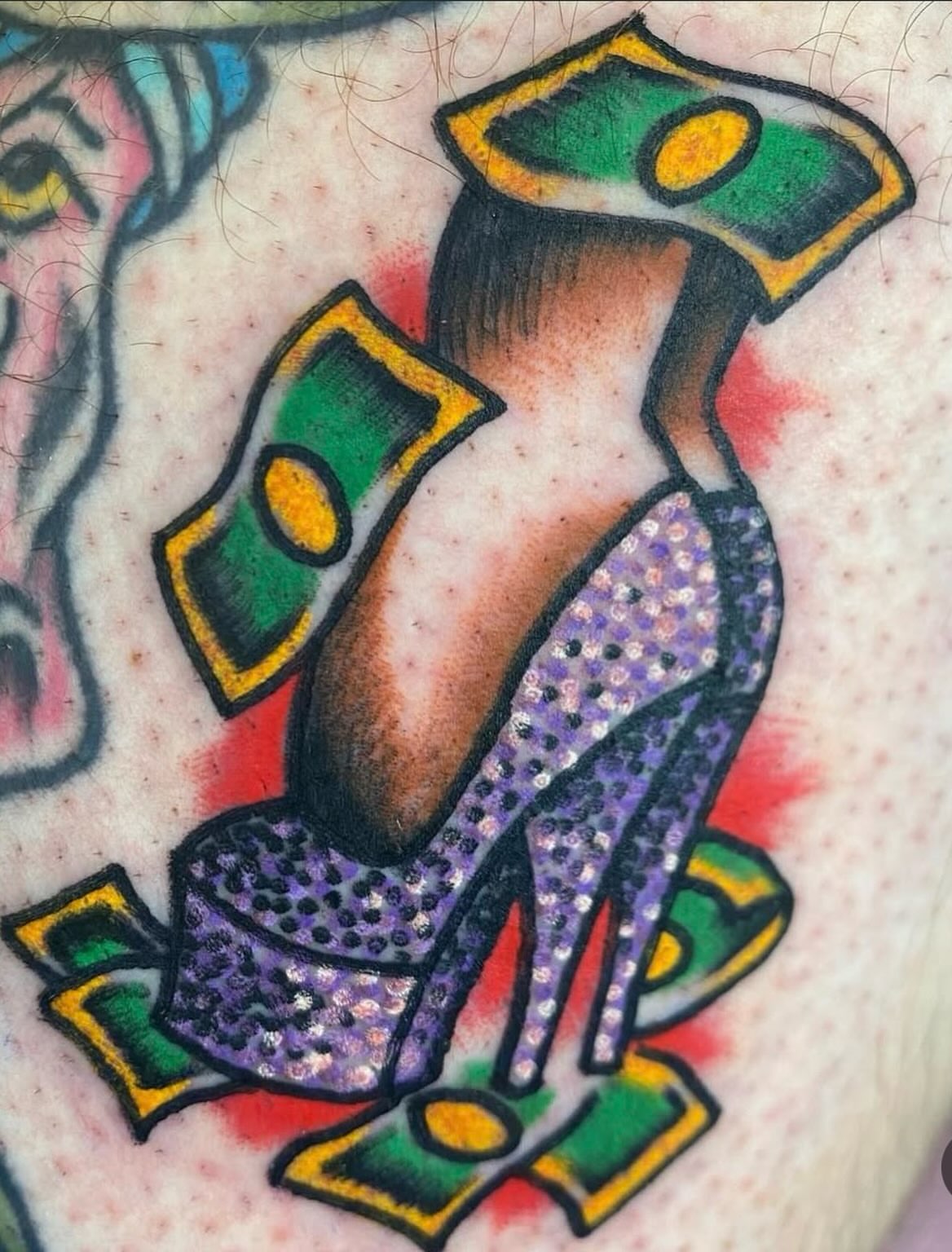 High heel and dollar bill American traditional tattoo on the leg by Francis Kane