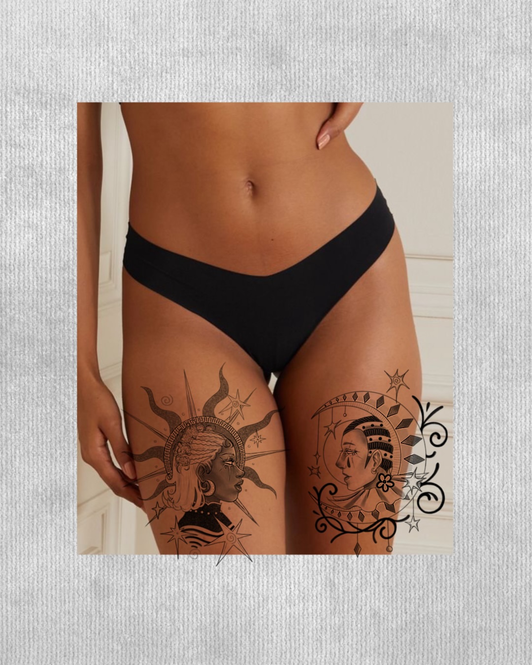 Sun and moon black and grey tattoo on the thigh by sebs phạm, Los Angeles, California