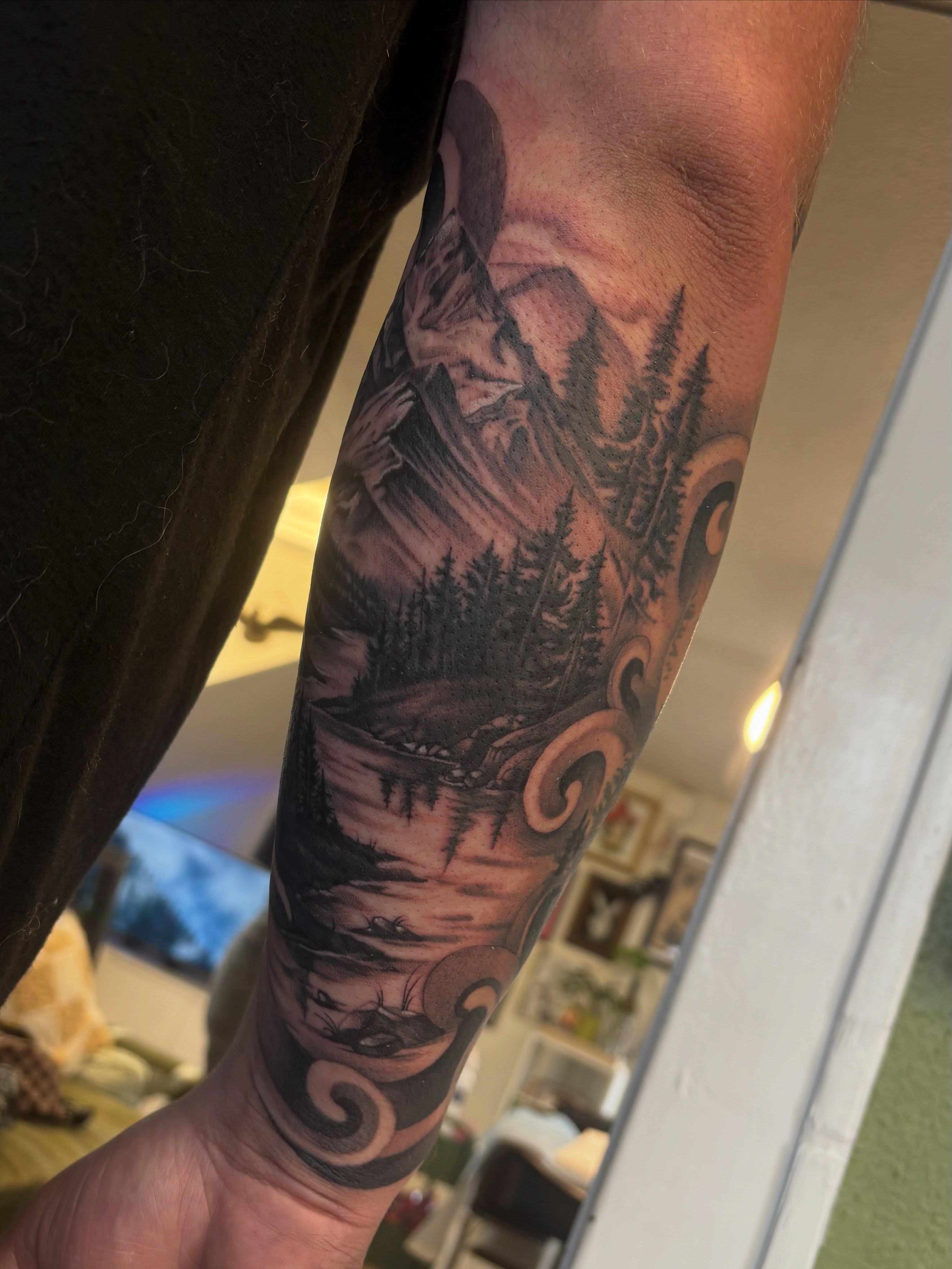 Mountain landscape realism tattoo on the forearm by š¤Madeline Kristenš¤, Somerset, Wisconsin