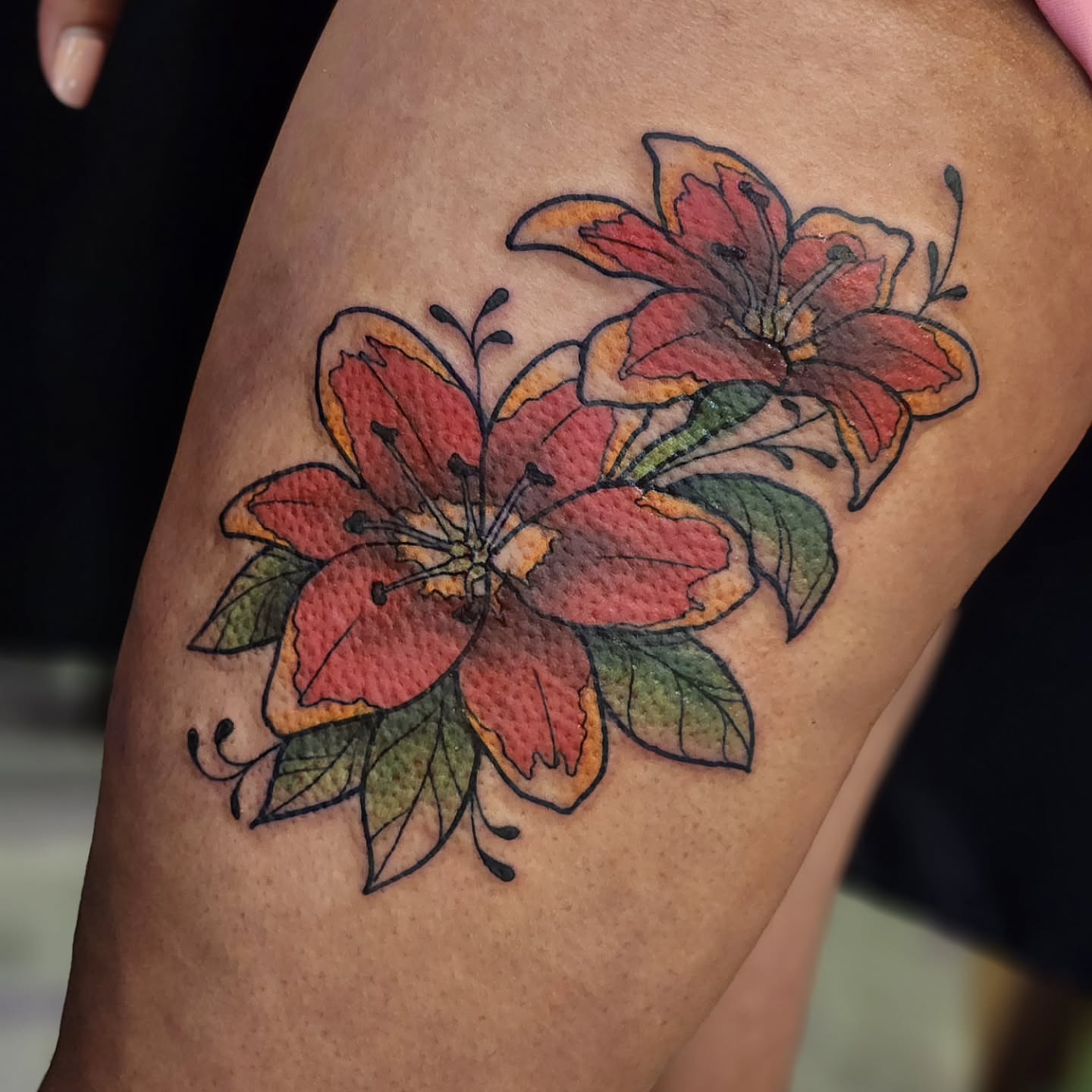 Lilies dotwork tattoo on the thigh by Sonya ๐ฟ๐ธ๐พ
