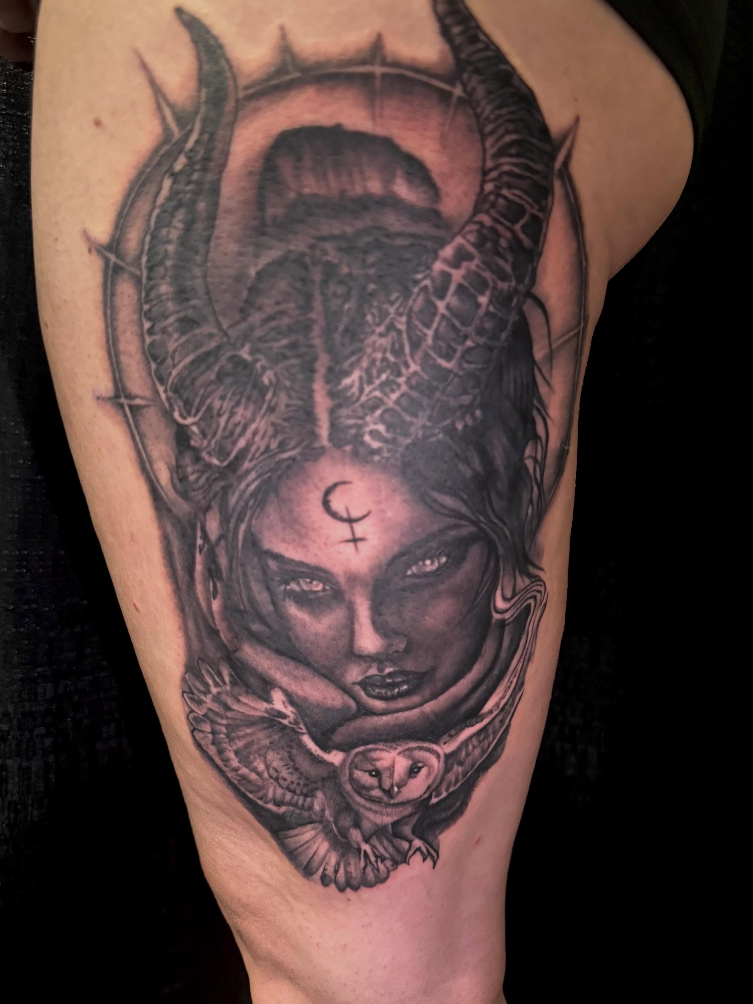 Dark fantasy woman dark realism tattoo on the forearm by Aaron Ysidro