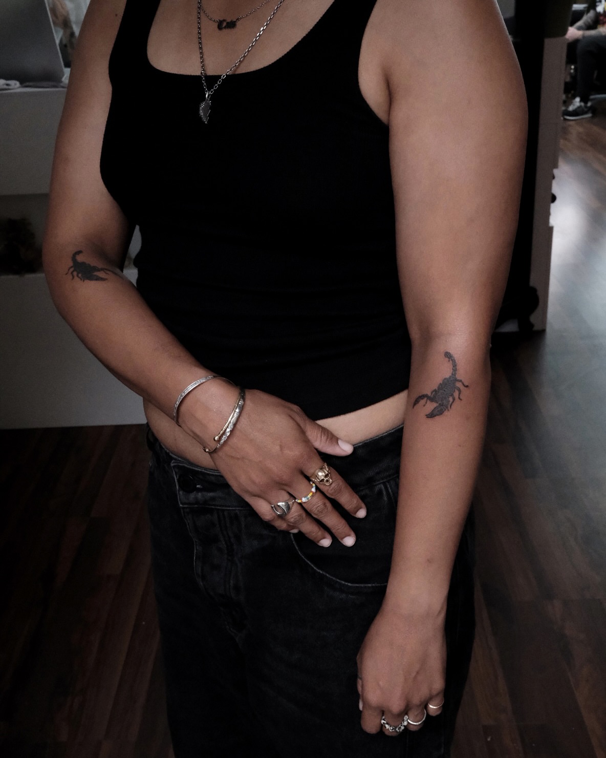 Scorpion black and grey tattoo on the forearm by X°