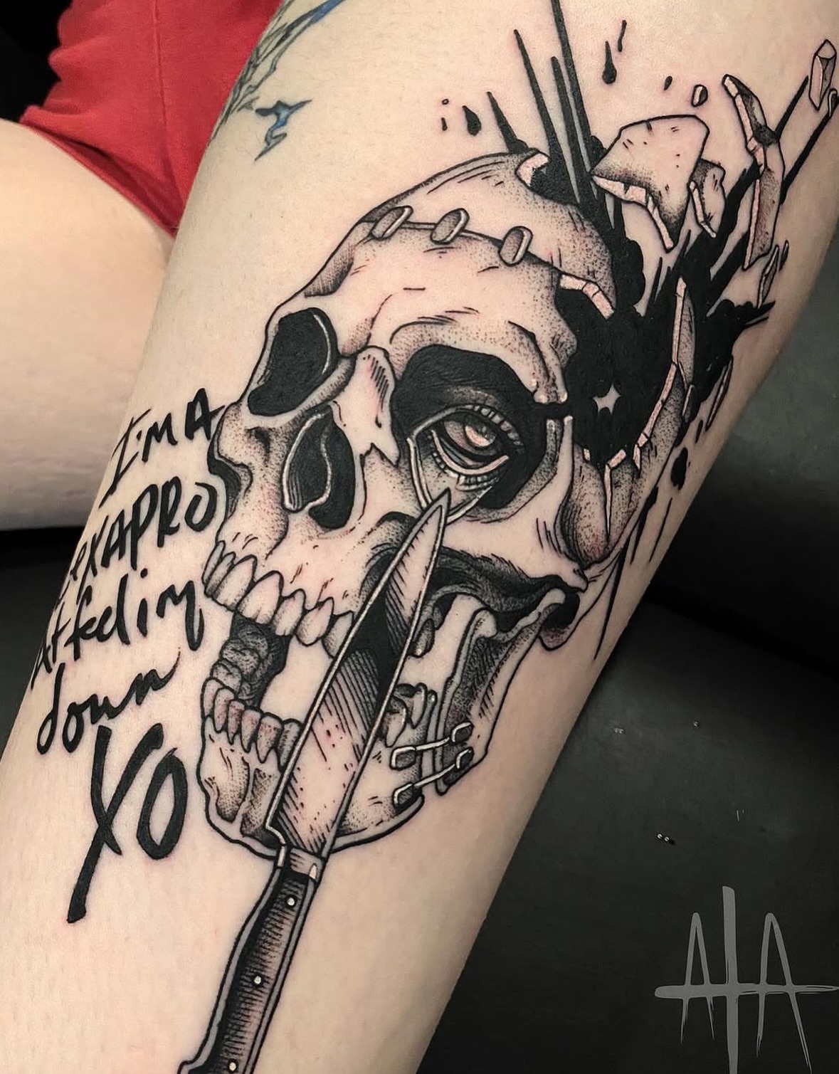 Skull with knife dotwork tattoo on the forearm by ๐๐๐ฏ๐ฌ๐ซ ๐๐ก๐ก๐๐ช๐ฐ