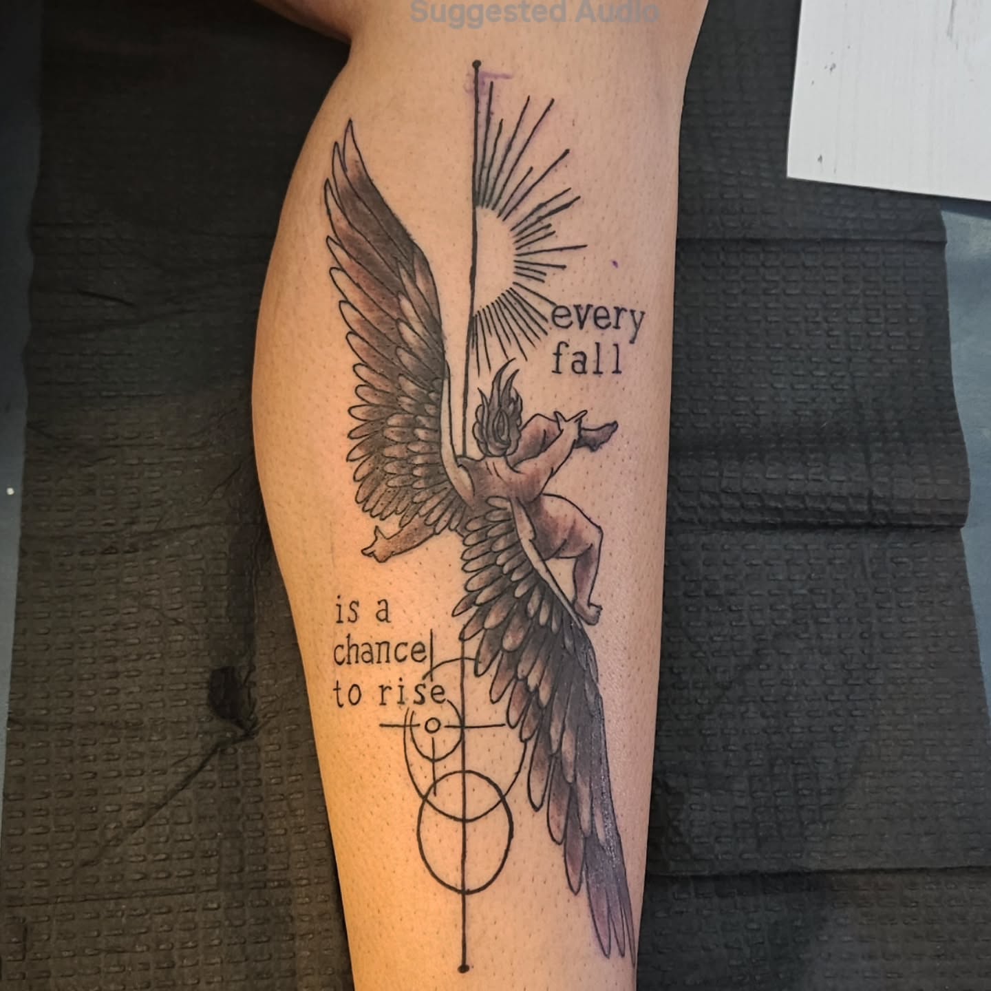 Angel with wings black and grey tattoo on the thigh by Shane Watkins