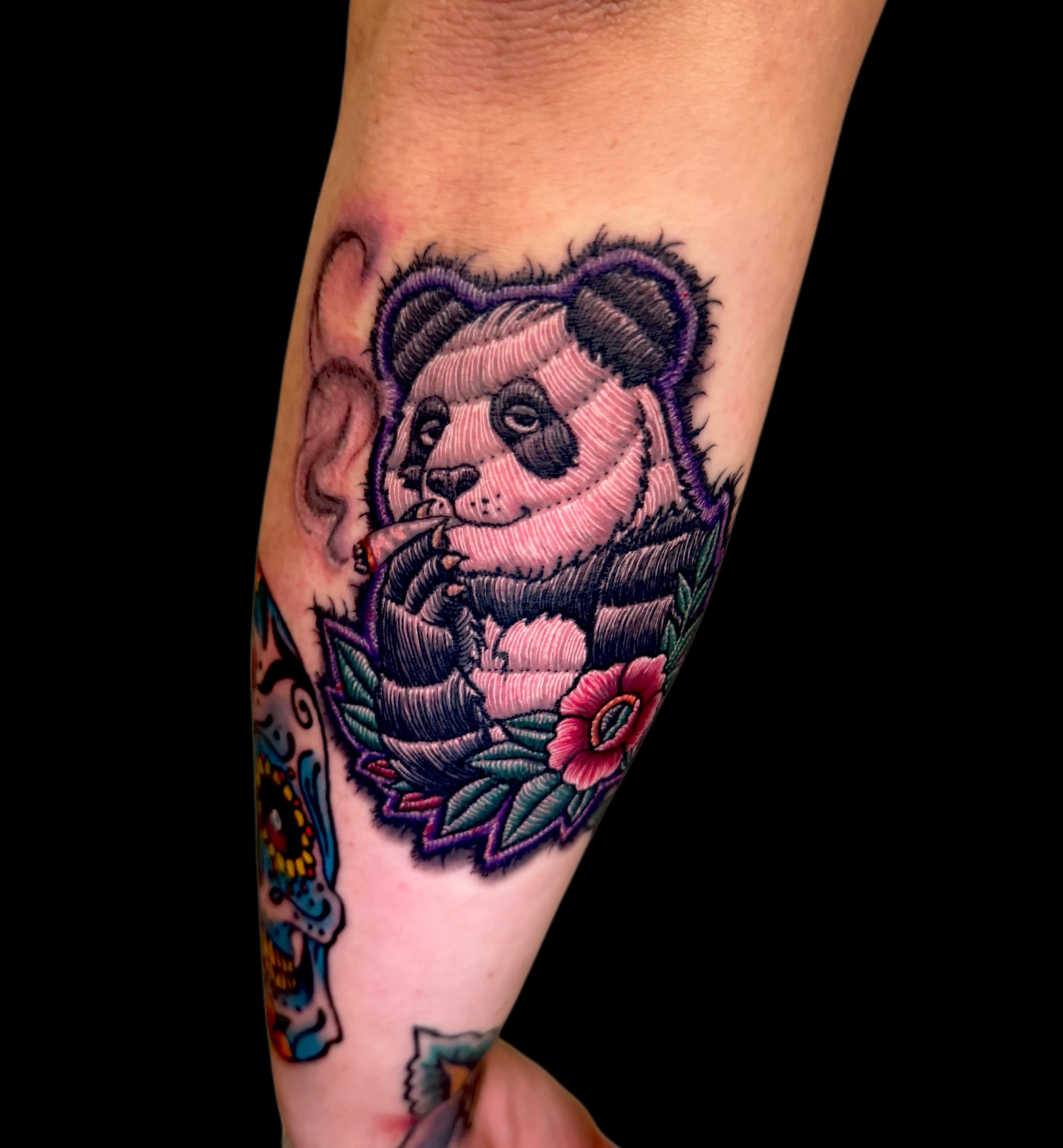 Panda American traditional tattoo on the forearm by 𝓡𝓪𝔂𝓬𝓱𝓲𝓵𝓵 [ᴛᴀᴛᴛᴏᴏ ᴀʀᴛɪꜱᴛ] 💚